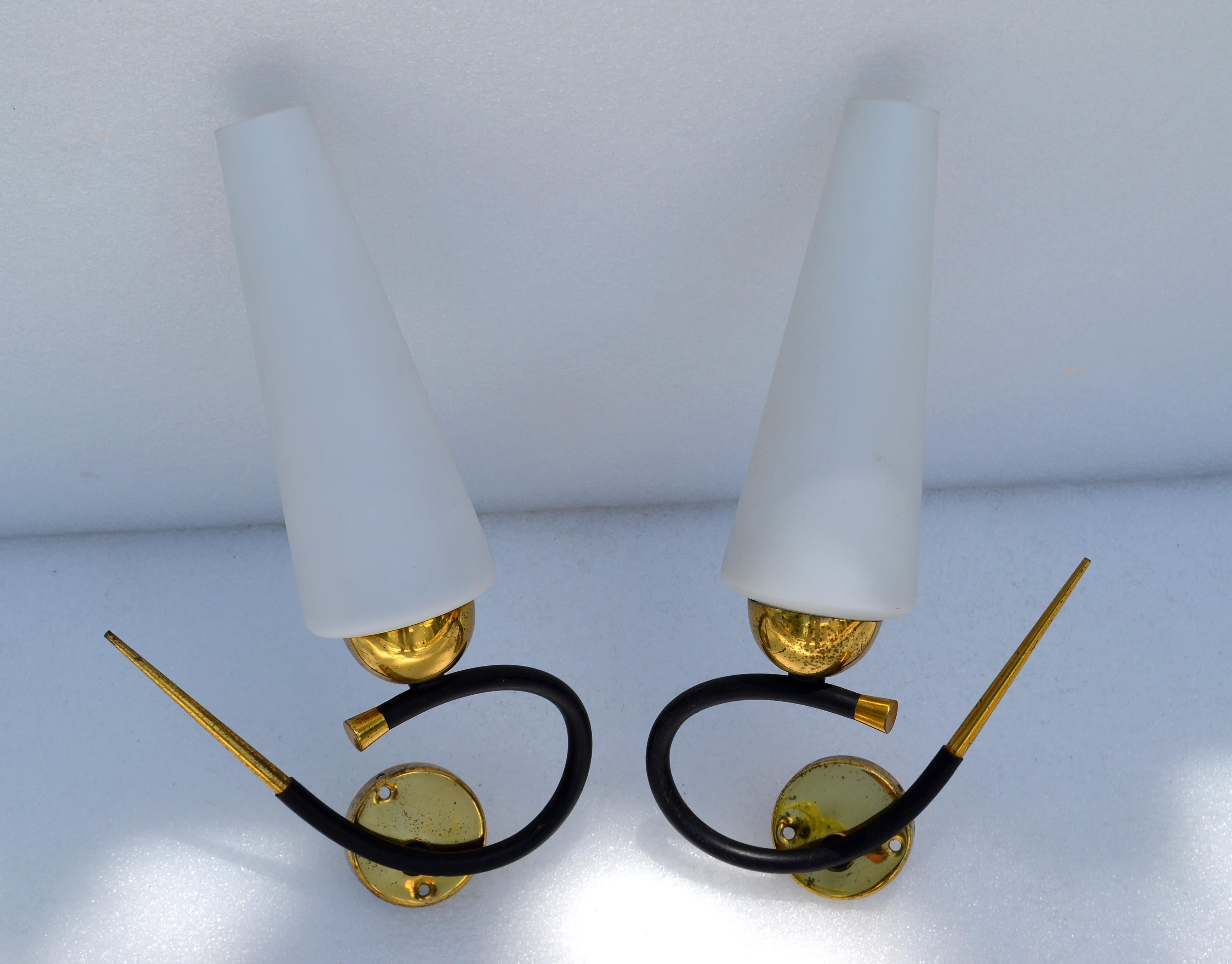 Maison Lunel Sconce Brass Steel & Opaline Shade France Mid-Century Modern, Pair For Sale 4