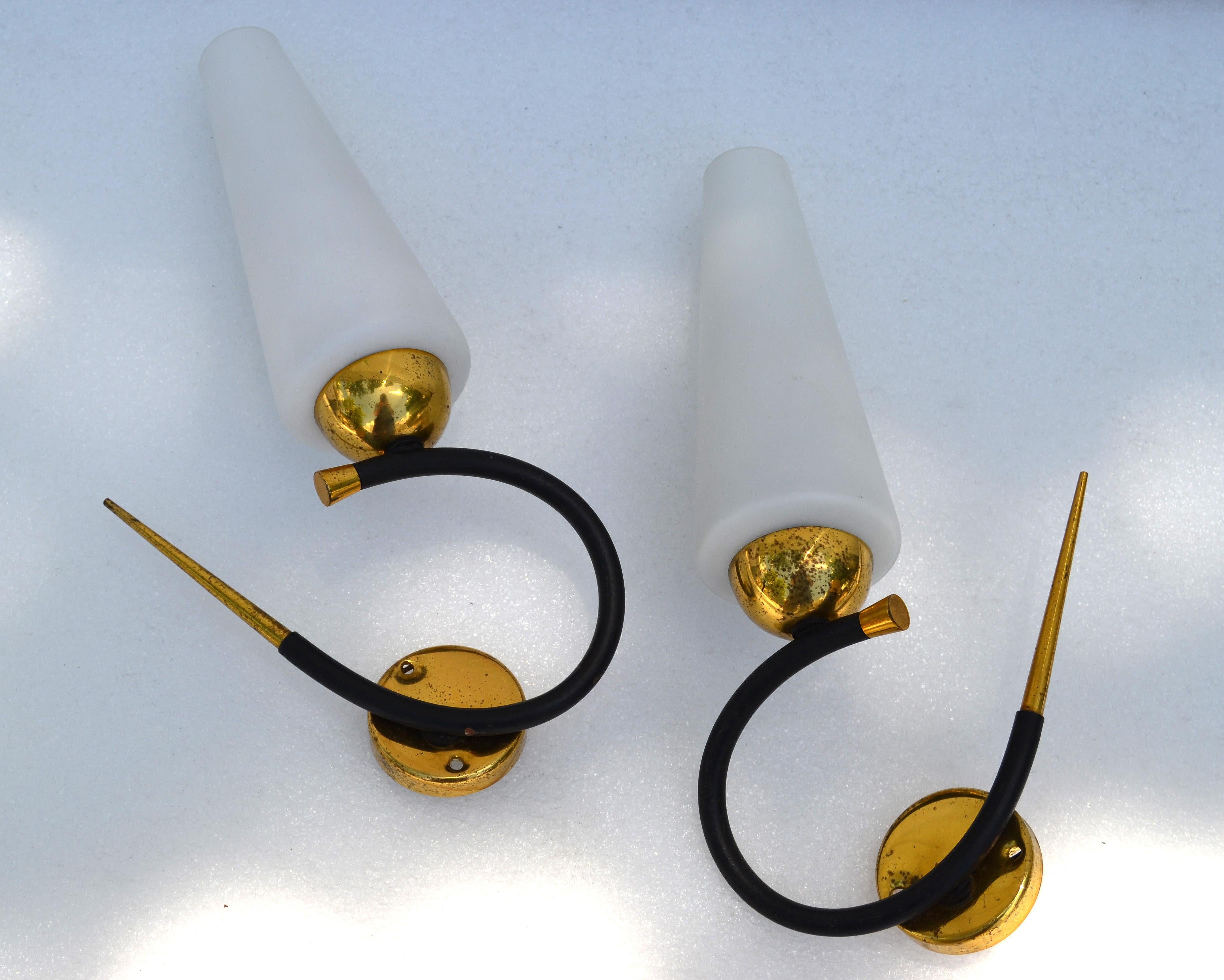 Maison Lunel Sconce Brass Steel & Opaline Shade France Mid-Century Modern, Pair For Sale 7