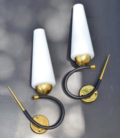 Maison Lunel Sconce Brass Steel & Opaline Shade France Mid-Century Modern, Pair