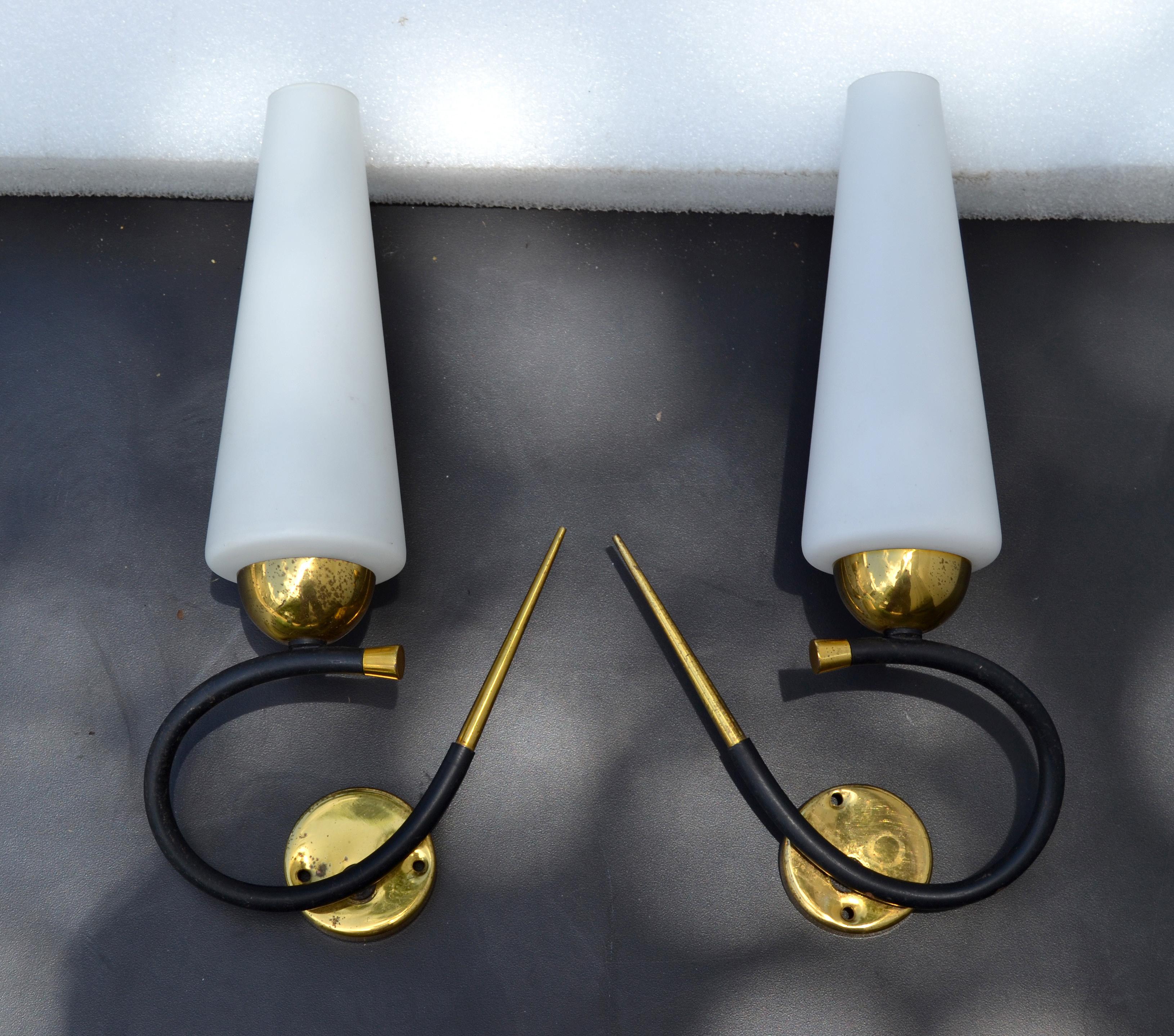 French Maison Lunel Sconce Brass Steel & Opaline Shade France Mid-Century Modern, Pair For Sale