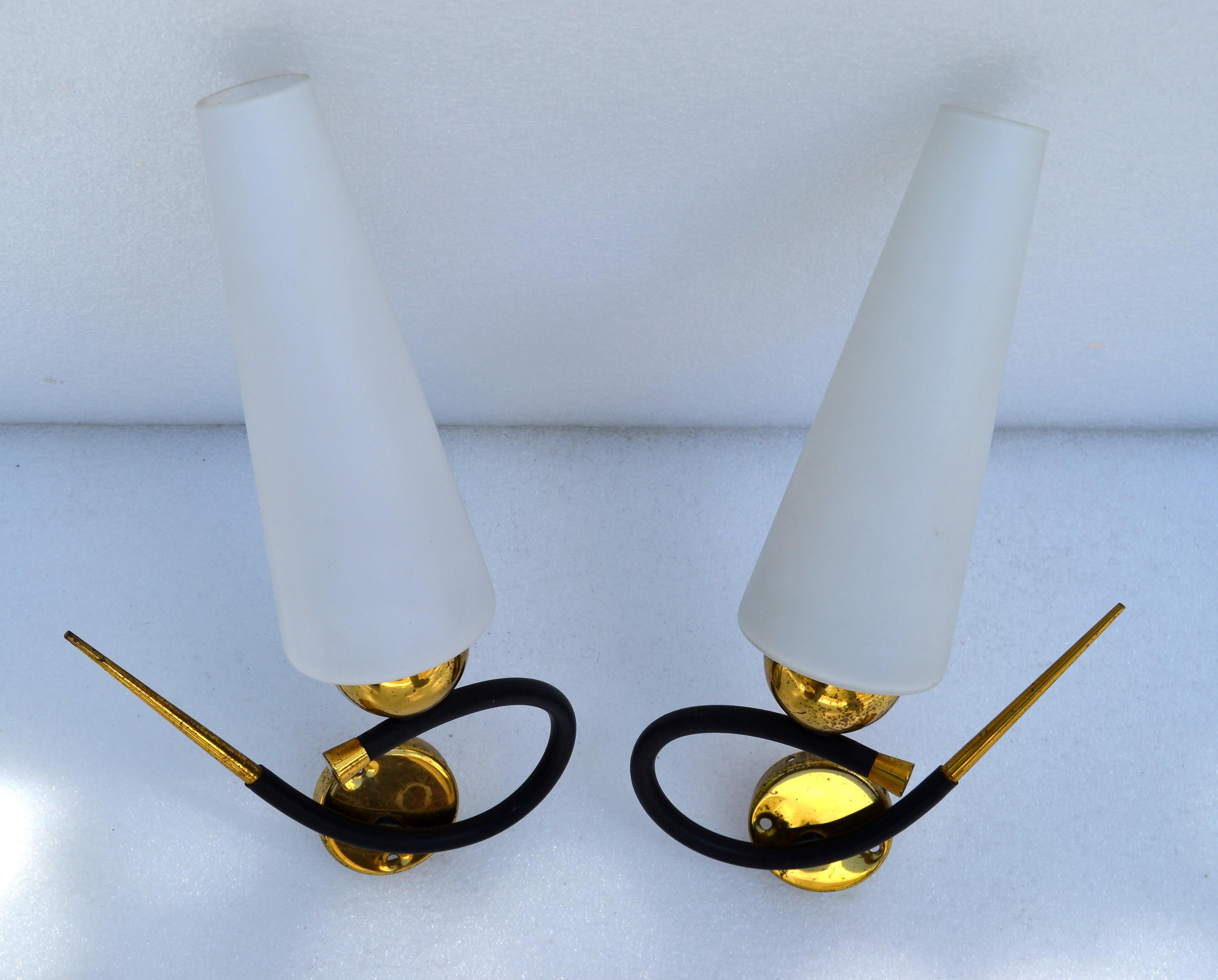 Maison Lunel Sconce Brass Steel & Opaline Shade France Mid-Century Modern, Pair In Good Condition For Sale In Miami, FL