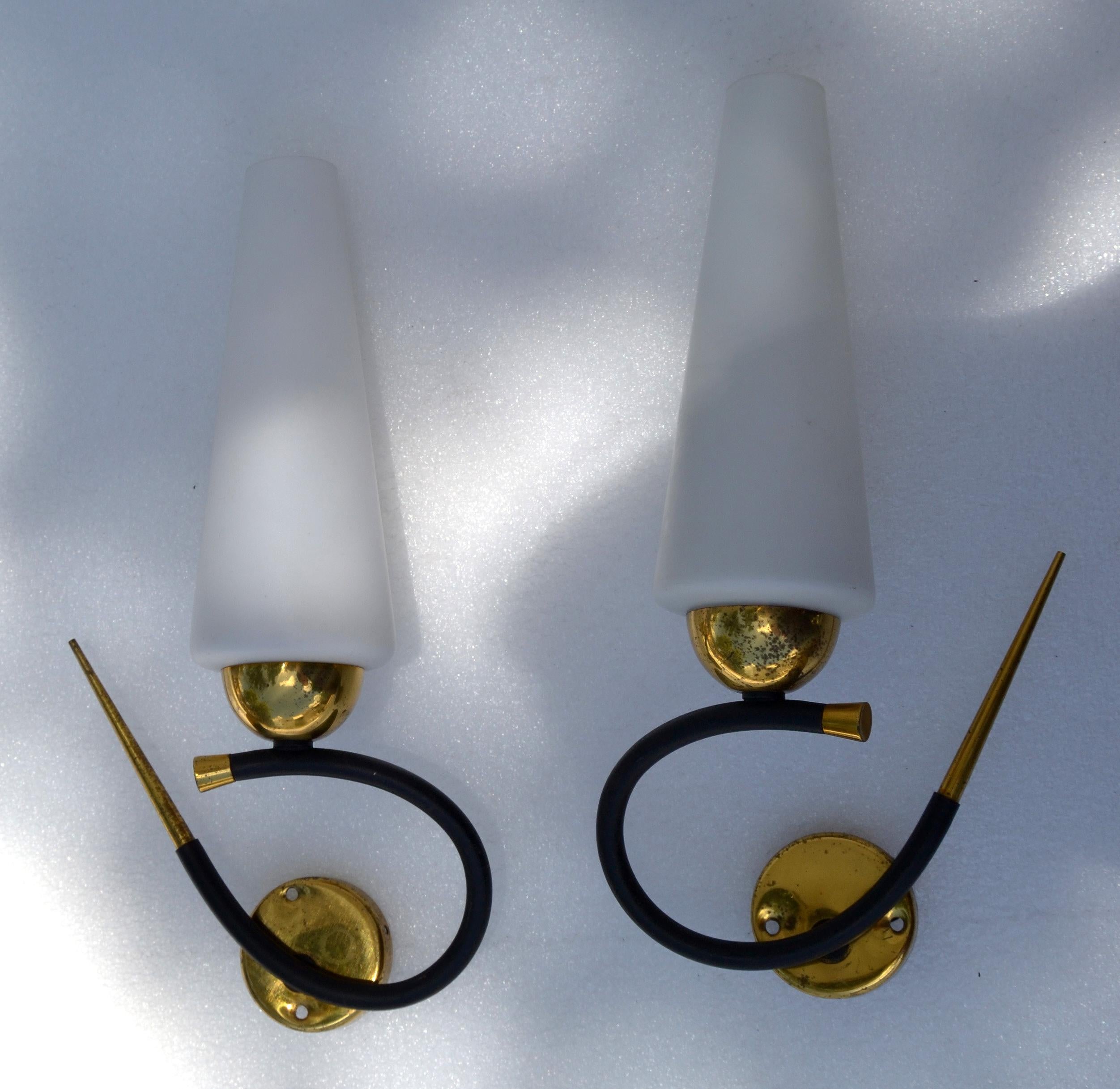 Mid-20th Century Maison Lunel Sconce Brass Steel & Opaline Shade France Mid-Century Modern, Pair For Sale