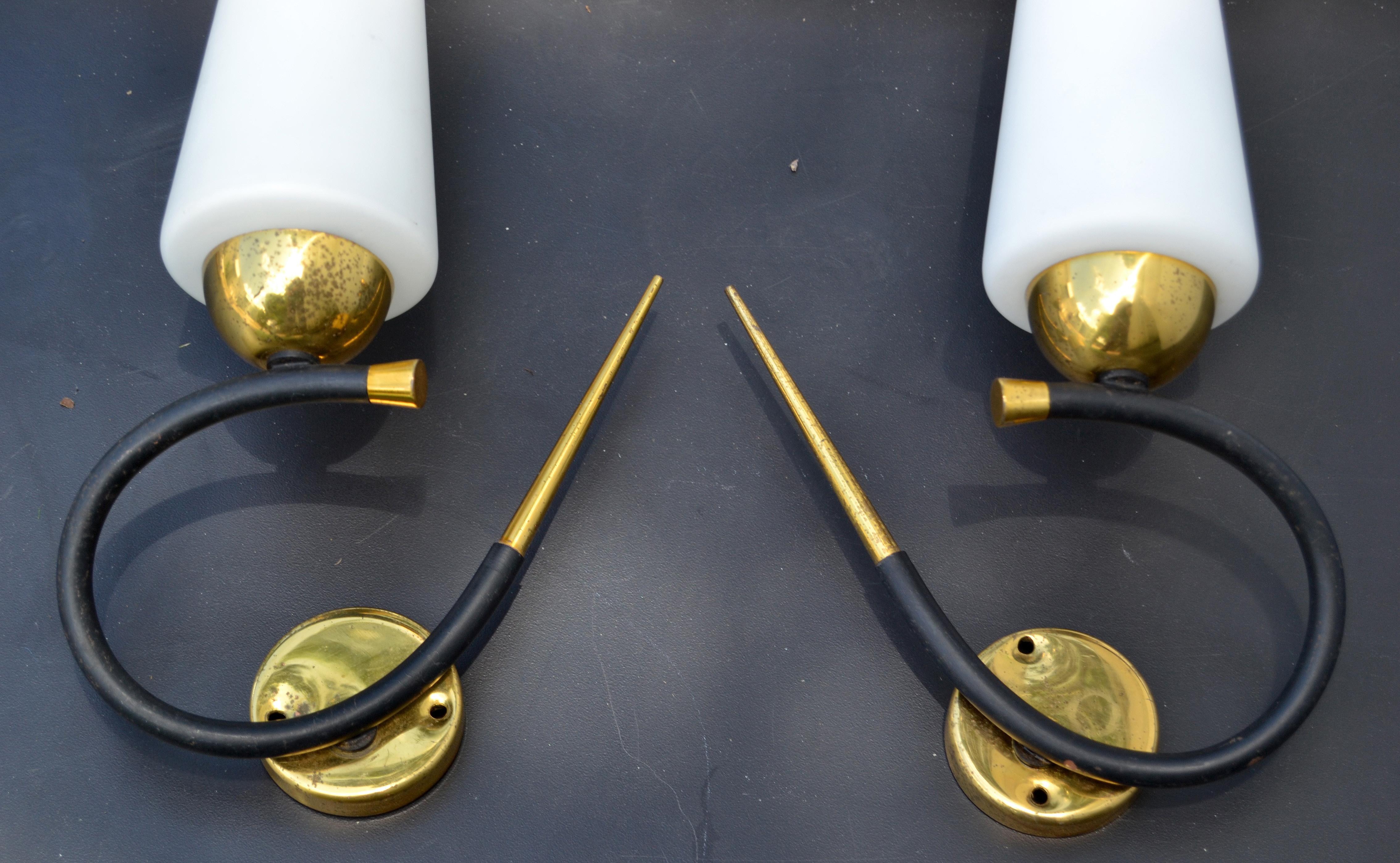 Maison Lunel Sconce Brass Steel & Opaline Shade France Mid-Century Modern, Pair For Sale 2