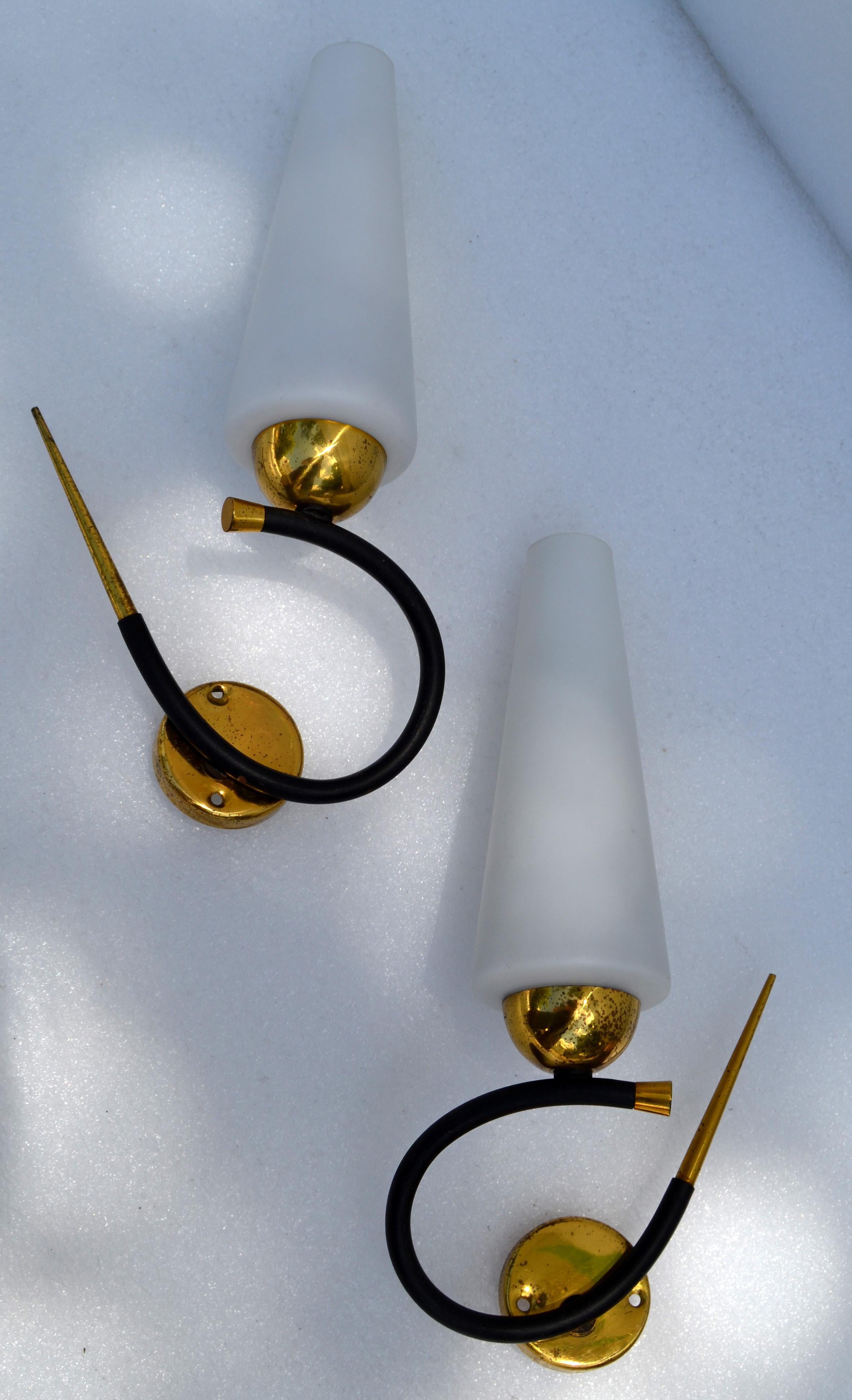 Maison Lunel Sconce Brass Steel & Opaline Shade France Mid-Century Modern, Pair For Sale 2