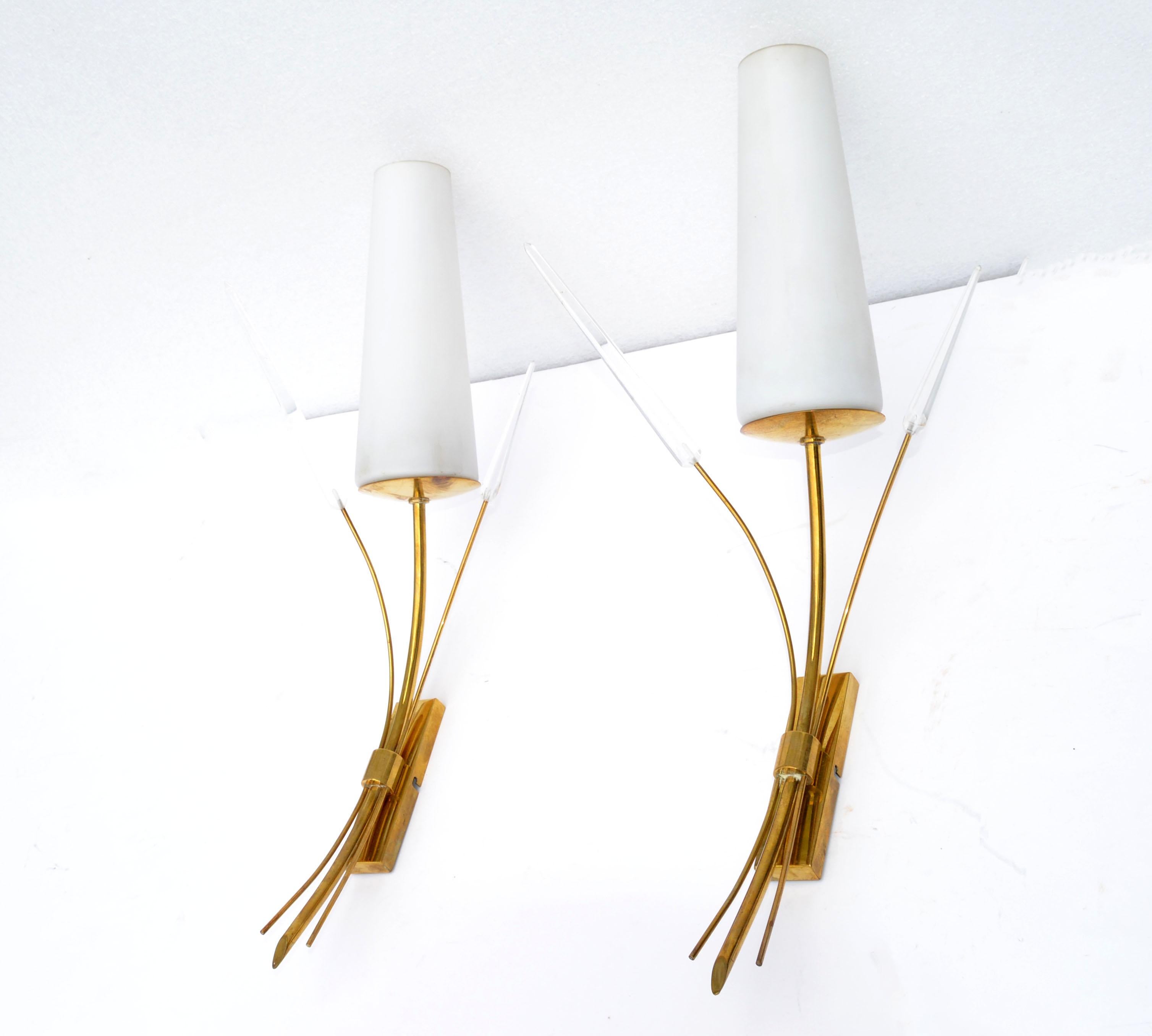 French Maison Lunel Sconce Lucite Brass & Opaline Shade France Mid-Century Modern, Pair