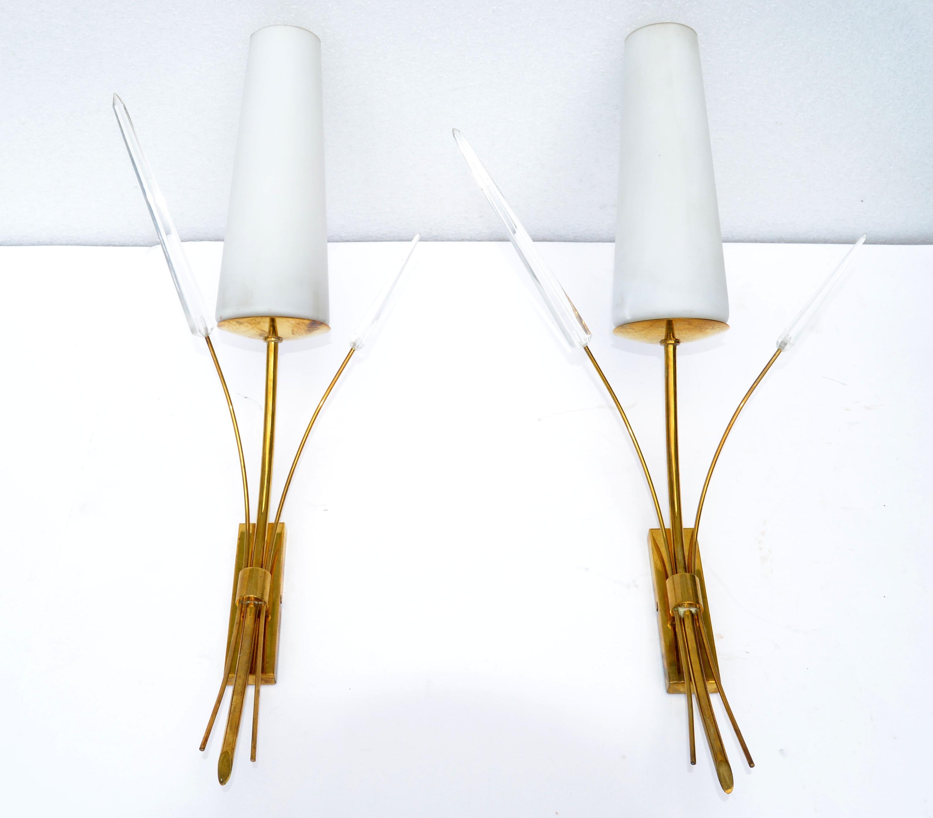 Faceted Maison Lunel Sconce Lucite Brass & Opaline Shade France Mid-Century Modern, Pair