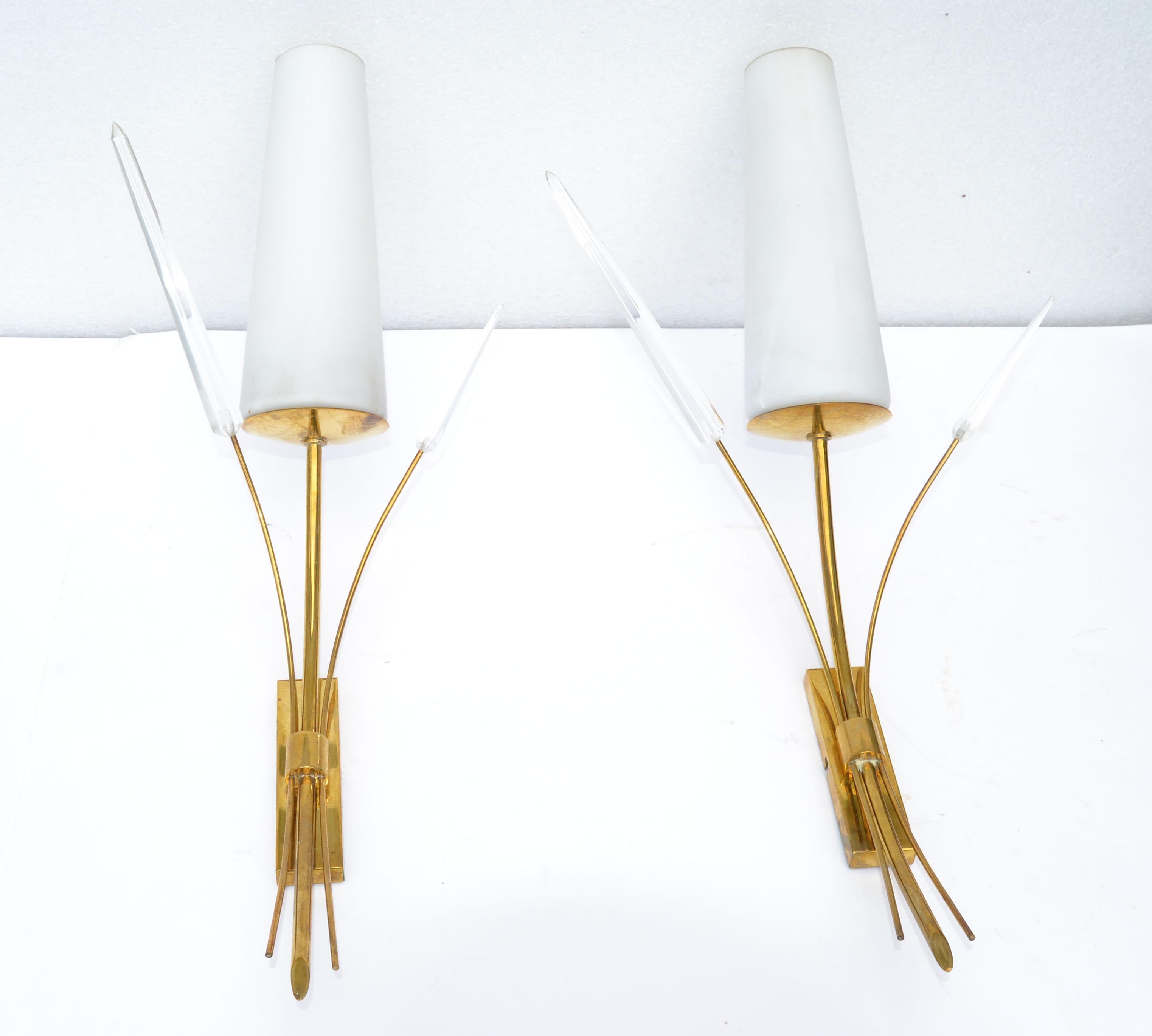 Mid-20th Century Maison Lunel Sconce Lucite Brass & Opaline Shade France Mid-Century Modern, Pair