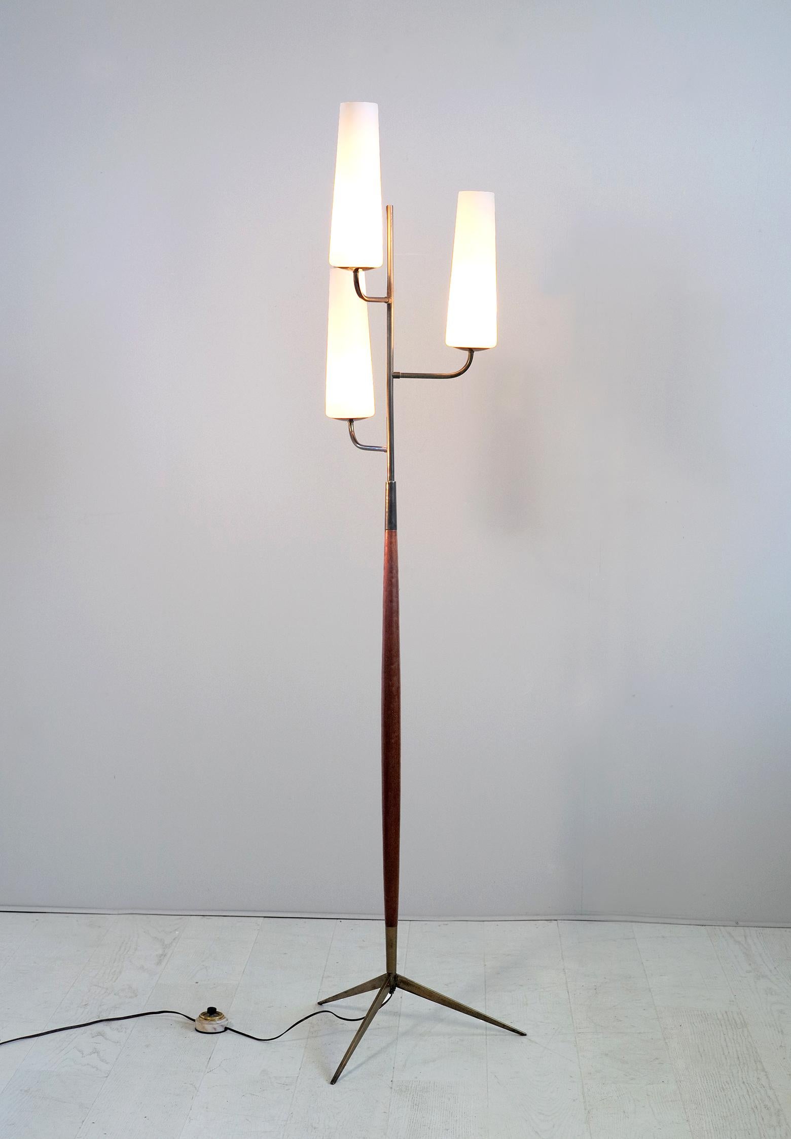 Maison Lunel, Tripod Floor Lamp with Three Opalines, France, 1960 4