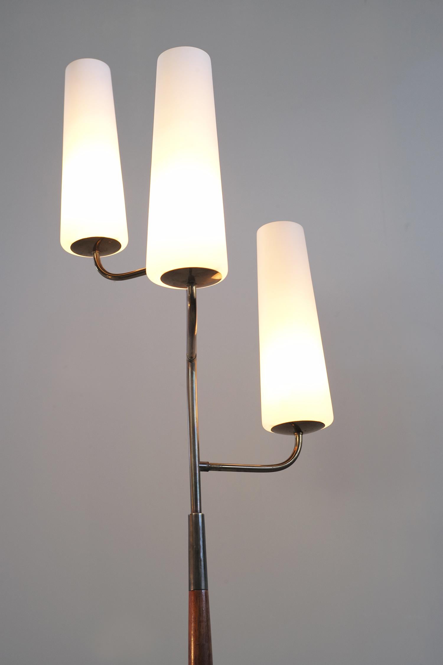 French Maison Lunel, Tripod Floor Lamp with Three Opalines, France, 1960