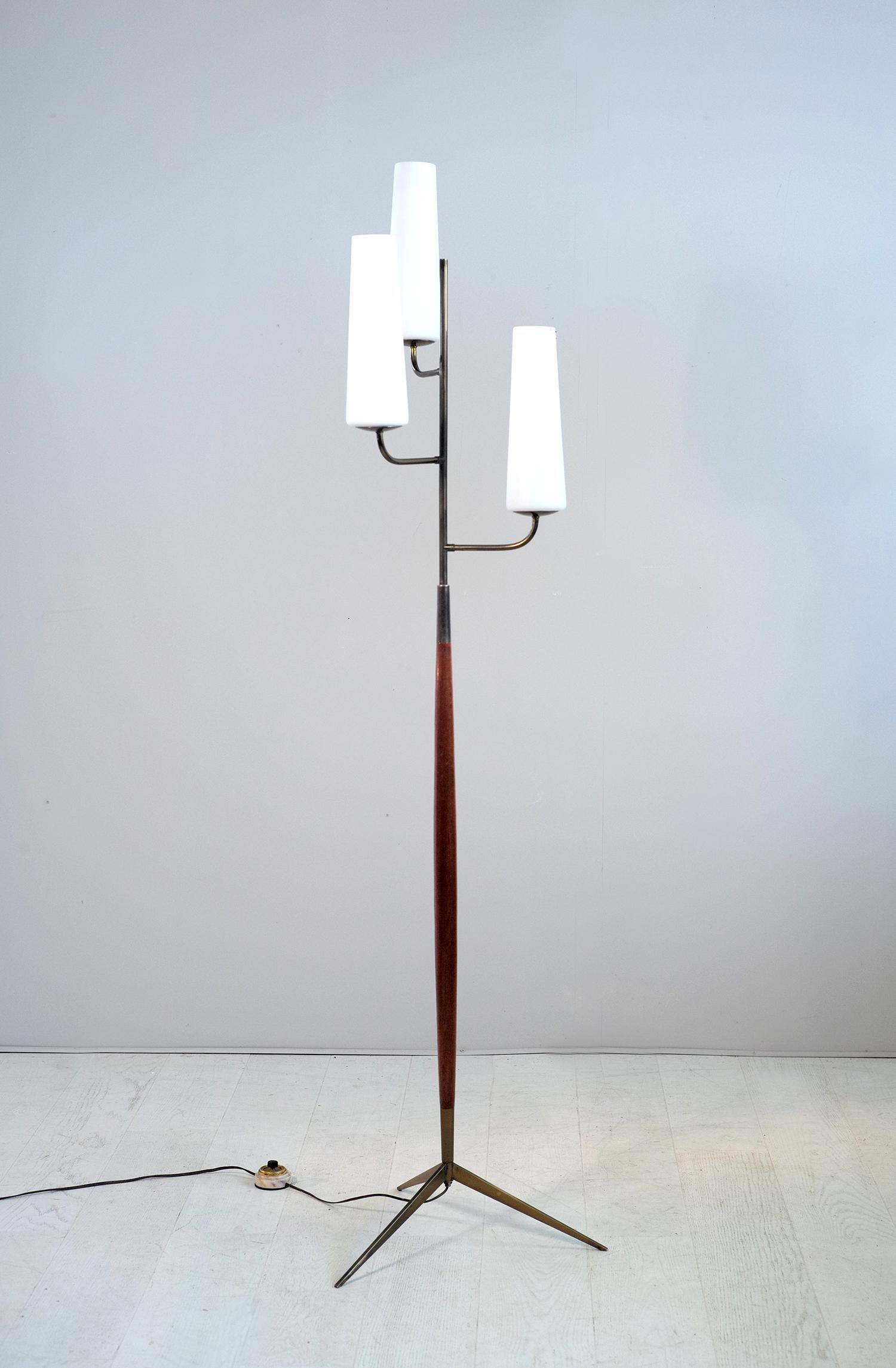 Maison Lunel, Tripod Floor Lamp with Three Opalines, France, 1960 2