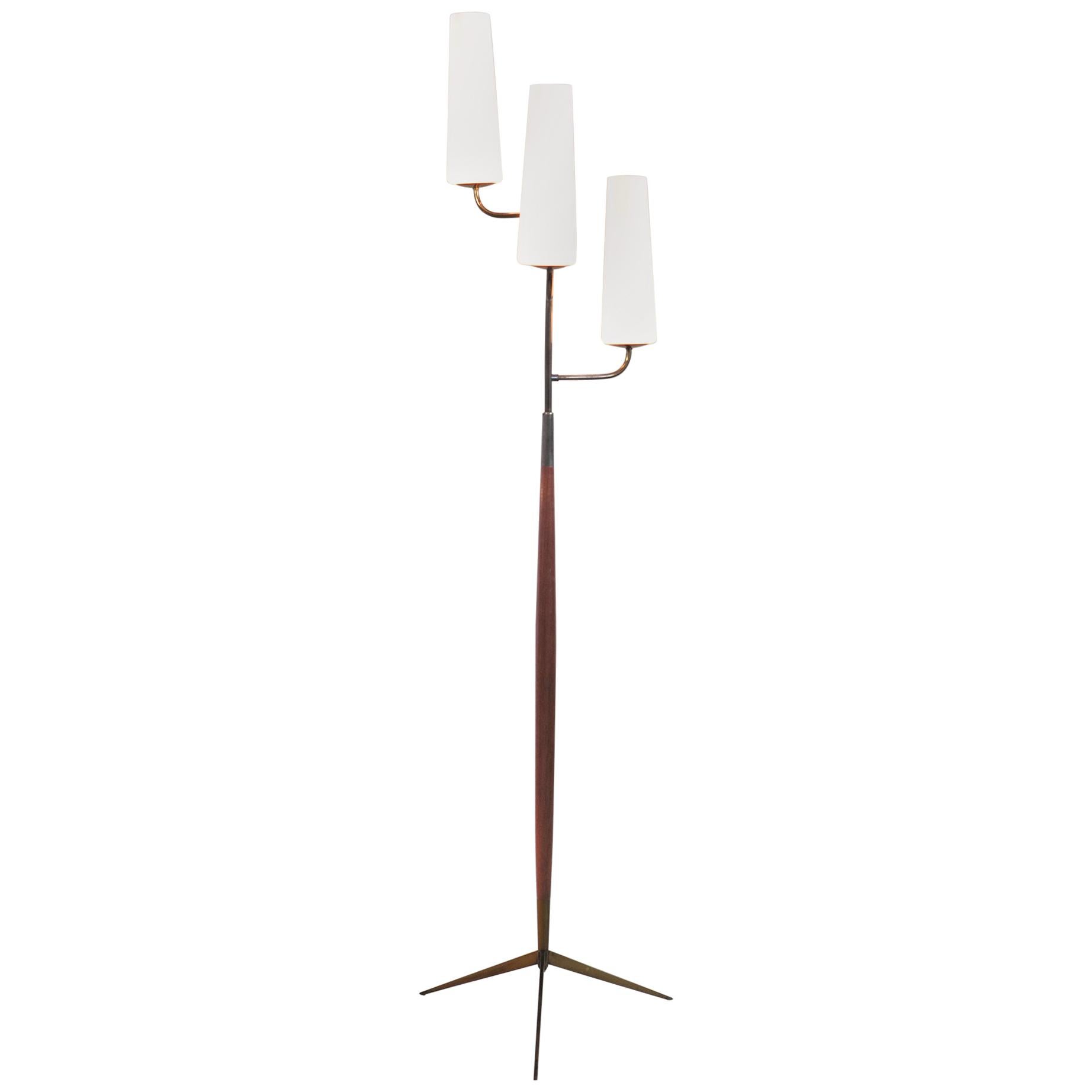 Maison Lunel, Tripod Floor Lamp with Three Opalines, France, 1960