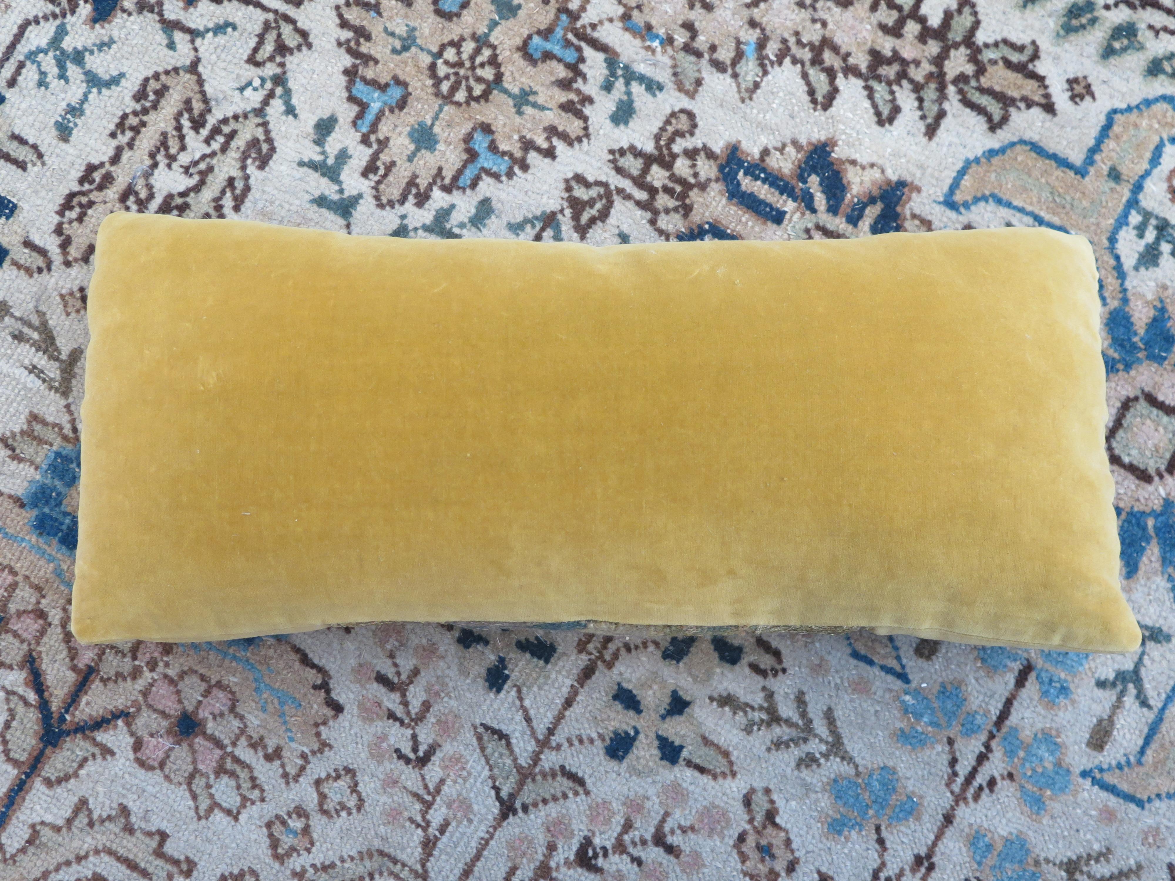 Custom 18th century tapestry pillow in a beautiful yellow linen velvet and gold metallic trim. Down filled.