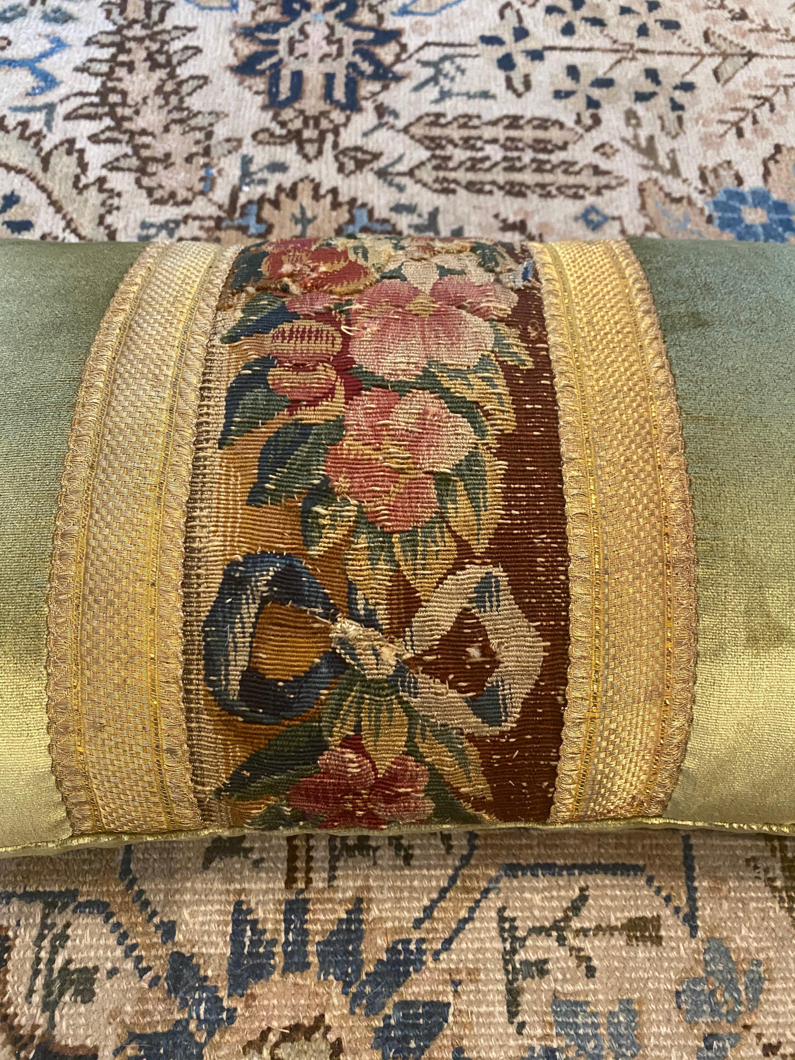Gorgeous Schumacher celadon silk velvet lumbar pillow with beautiful tapestry piece framed with French gallon. Down filled.