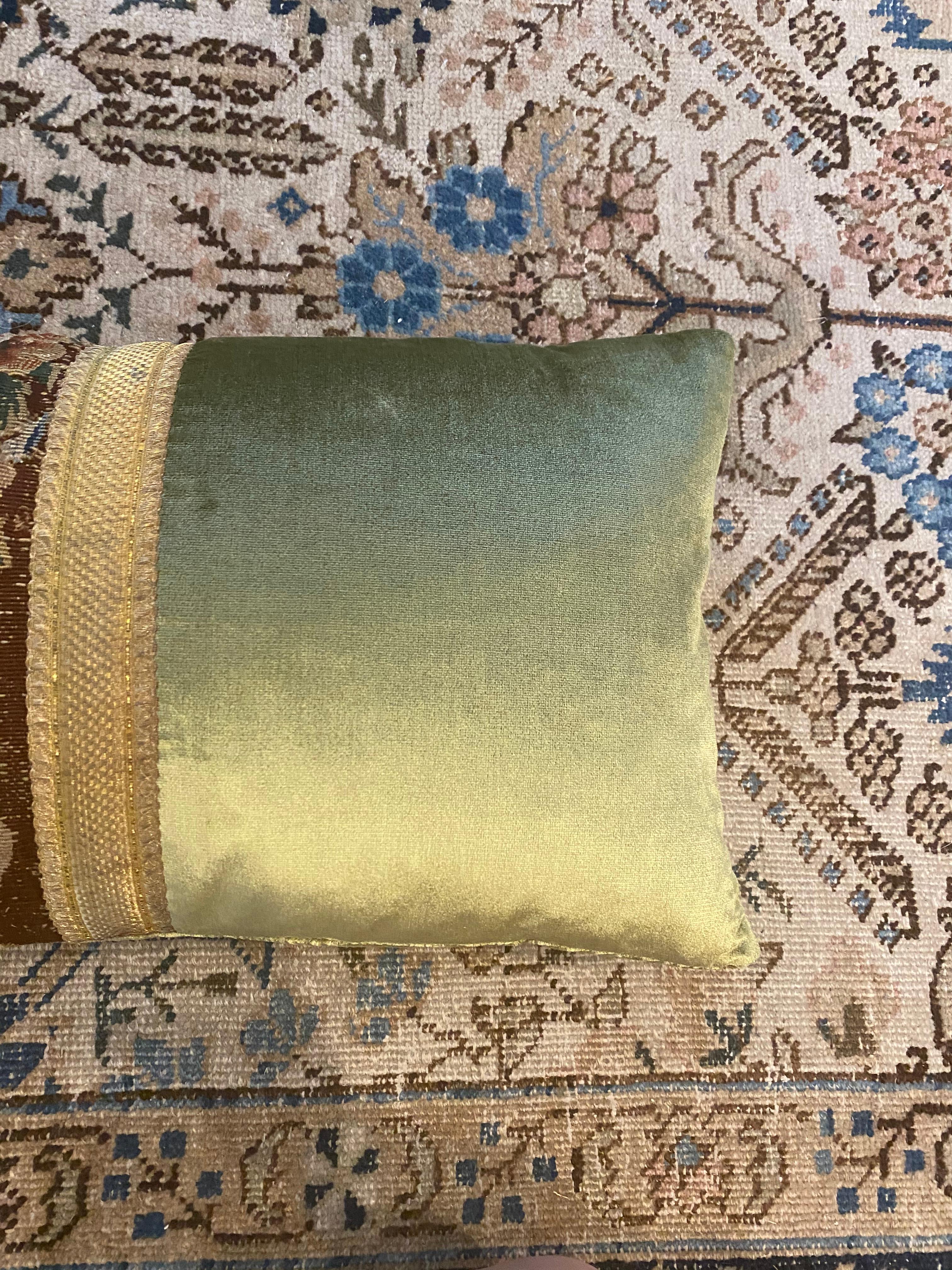 French 18th Century Tapestry Fragment and Celadon Silk Velvet Pillow For Sale