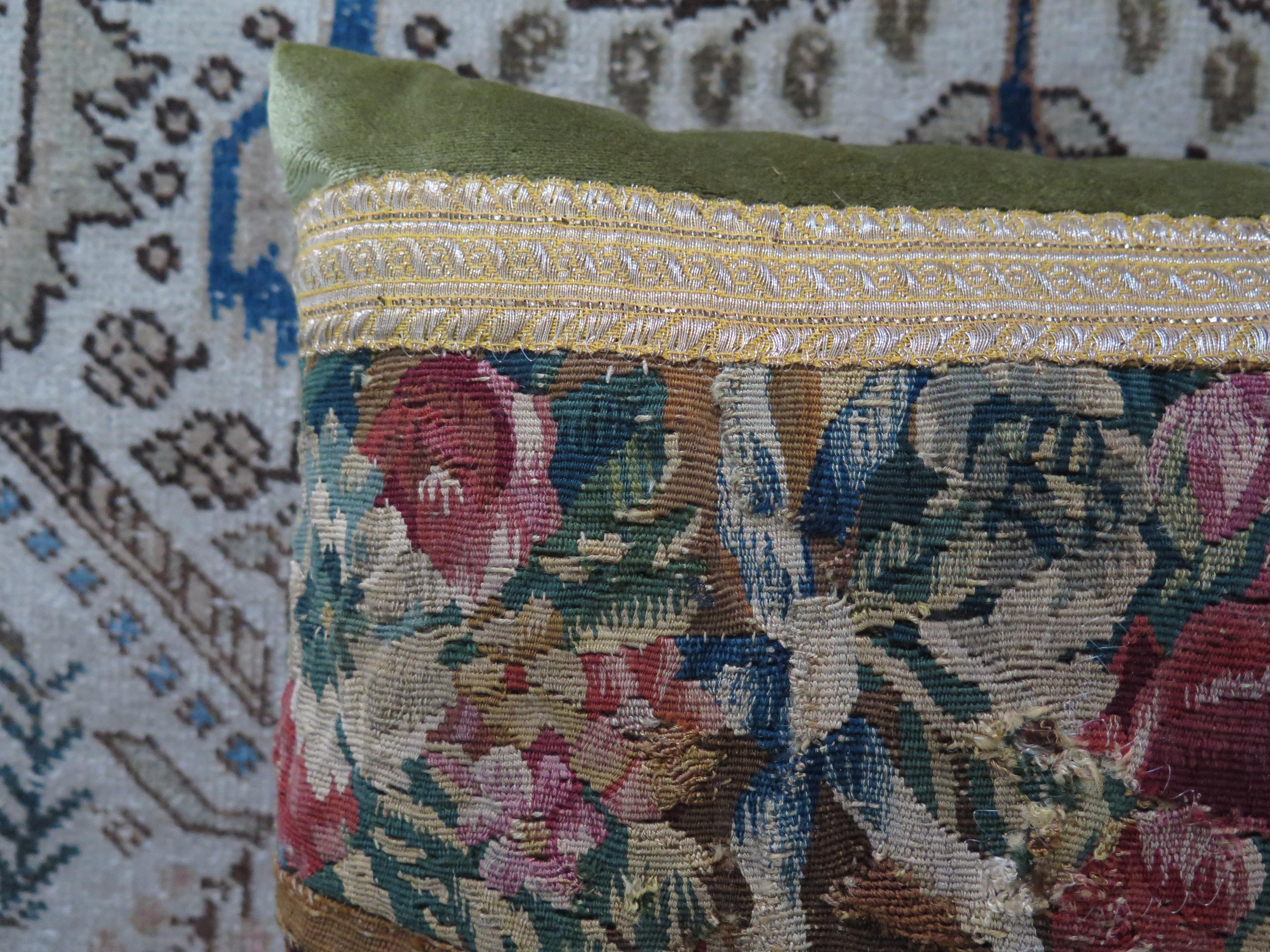 Custom 18th century floral tapestry pillow in beautiful Schumacher silk velvet and antique gold metallic trim. Down filled.