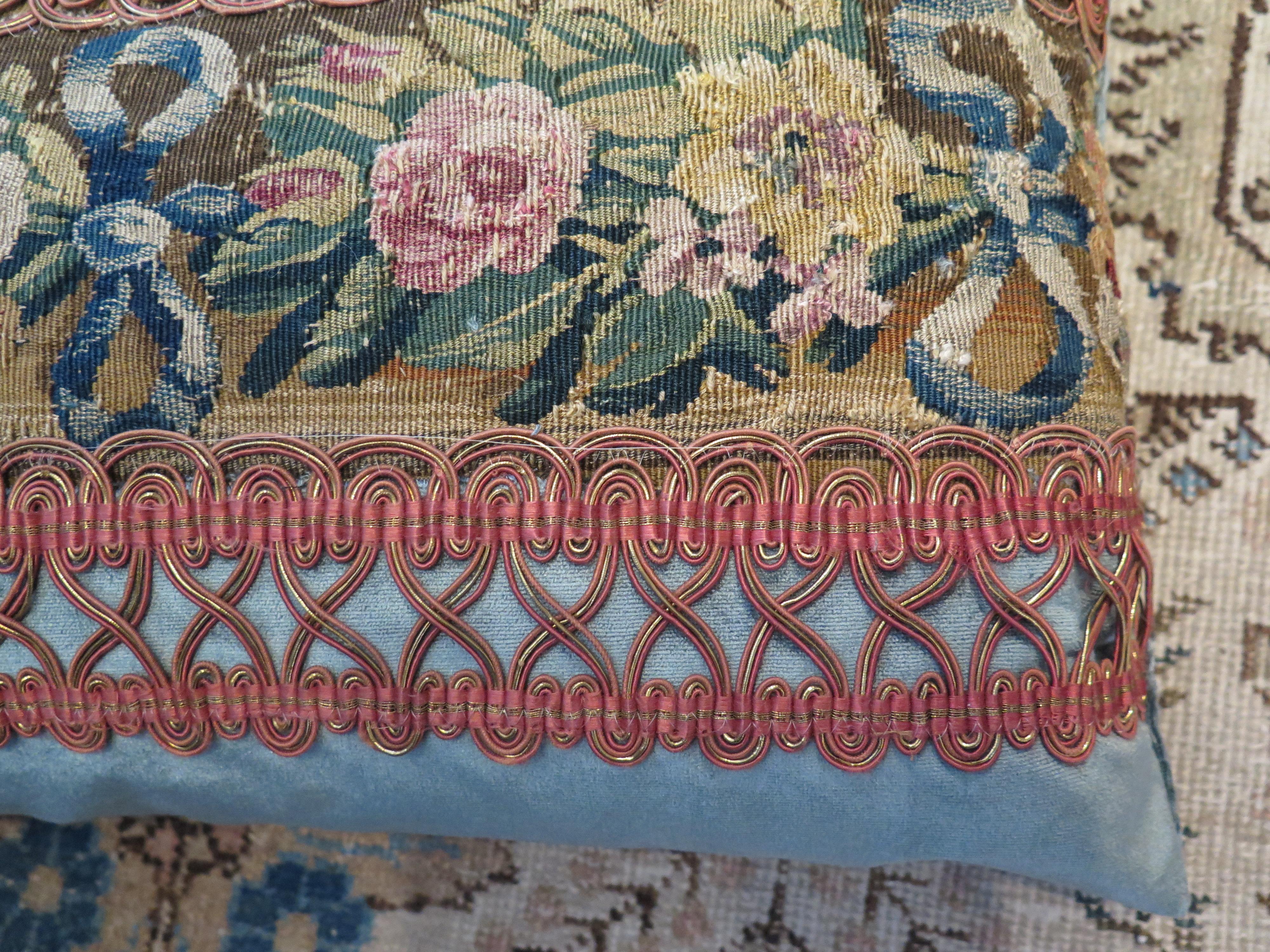 Custom 18th century floral tapestry pillow in beautiful Schumacher silk velvet and antique trim. Price listed is per pillow. Down filled.