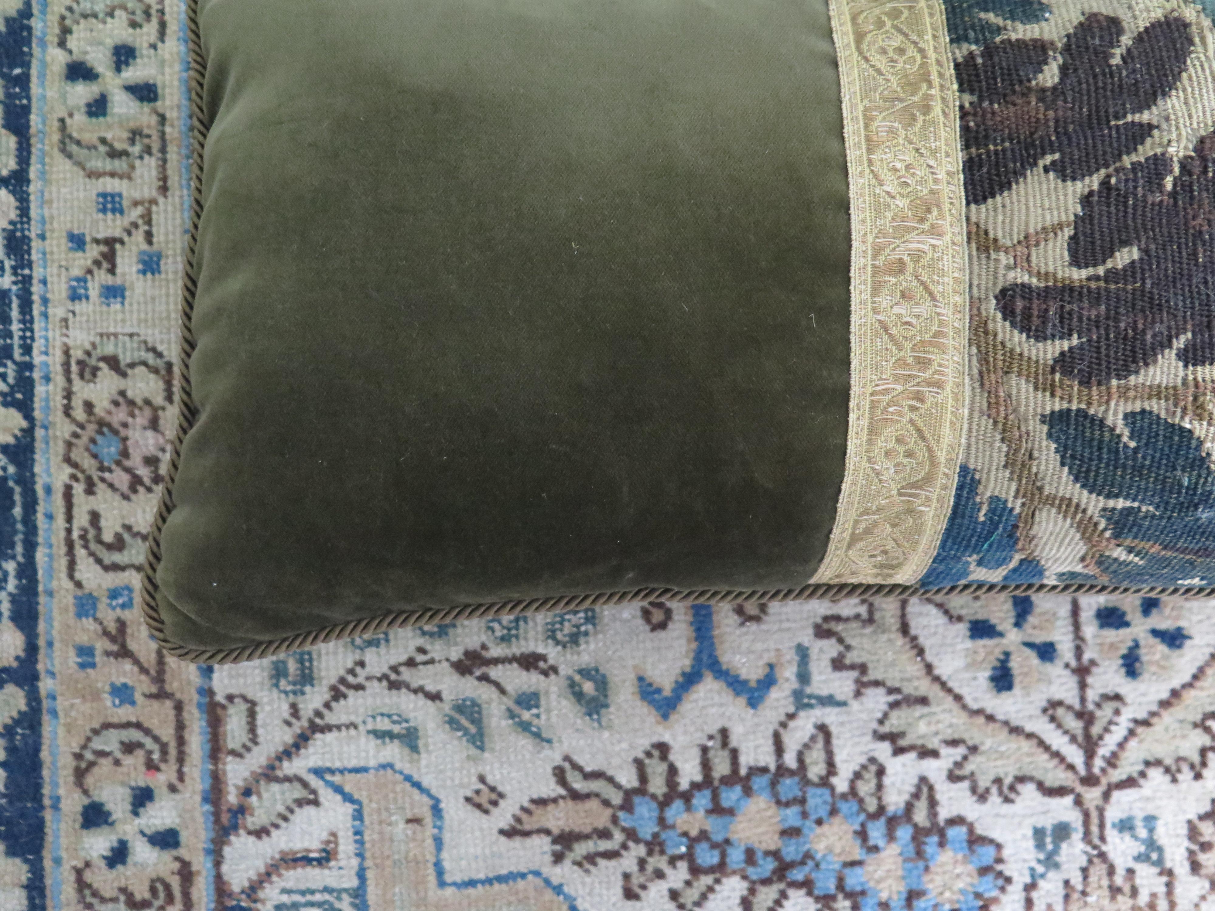 Unique asymmetrical verdure tapestry lumbar pillow in velvet with French galon and silk rope around parameter. Down filled.