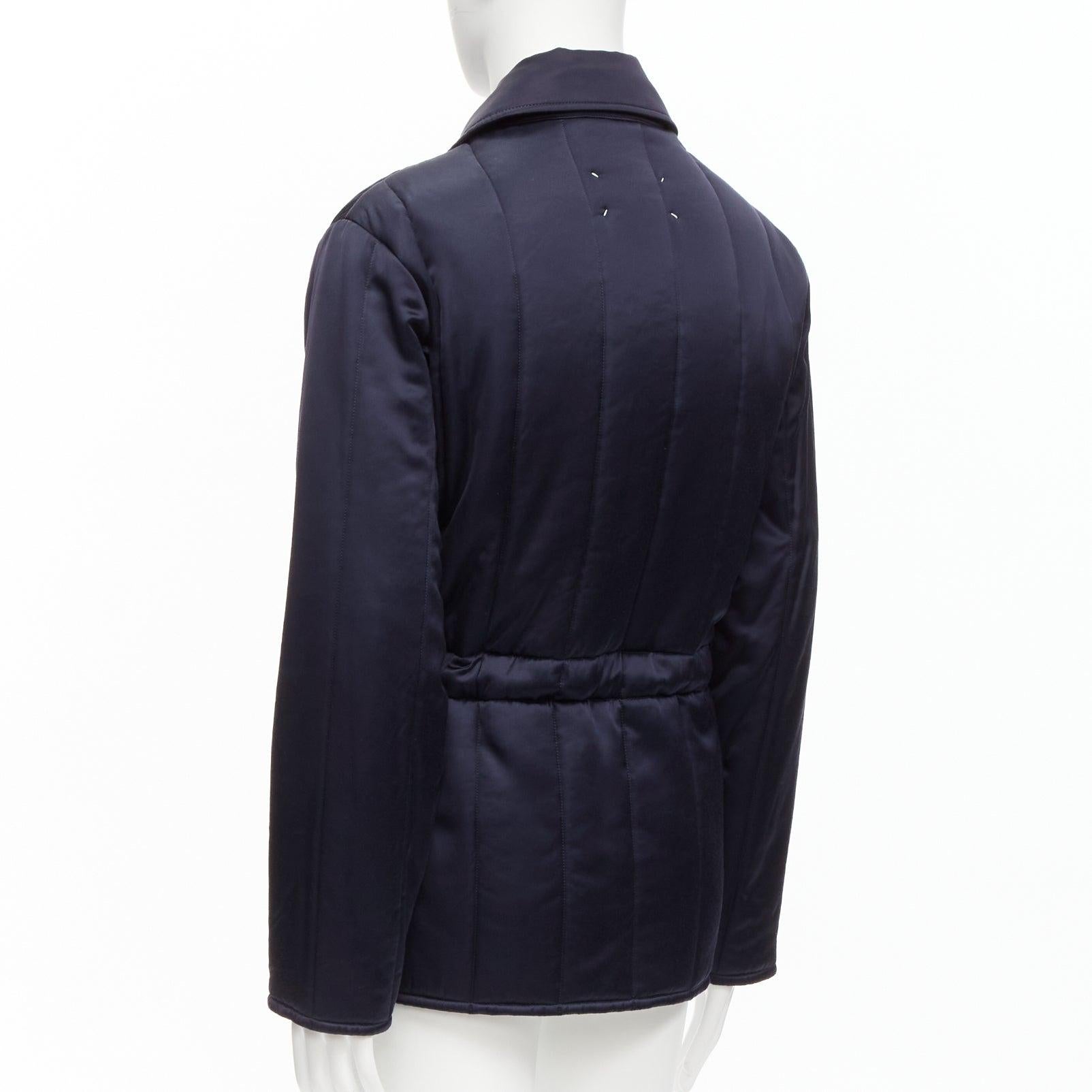 MAISON MARGIELA 2018 navy satin contrast patch pockets padded coat IT48 M For Sale 2