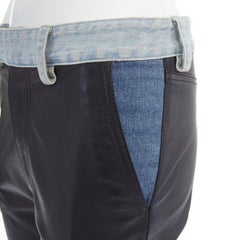 MAISON MARGIELA black leather blue denim trim cuffed jeans pants IT38 XS