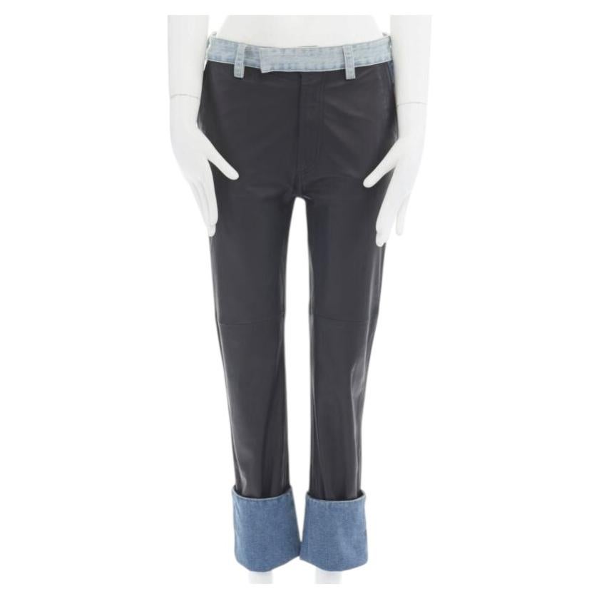 MAISON MARGIELA black leather blue denim trim cuffed jeans pants IT38 XS For Sale