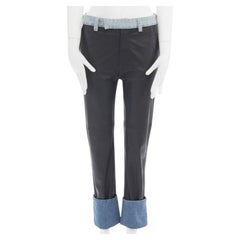 MAISON MARGIELA black leather blue denim trim cuffed jeans pants IT38 XS