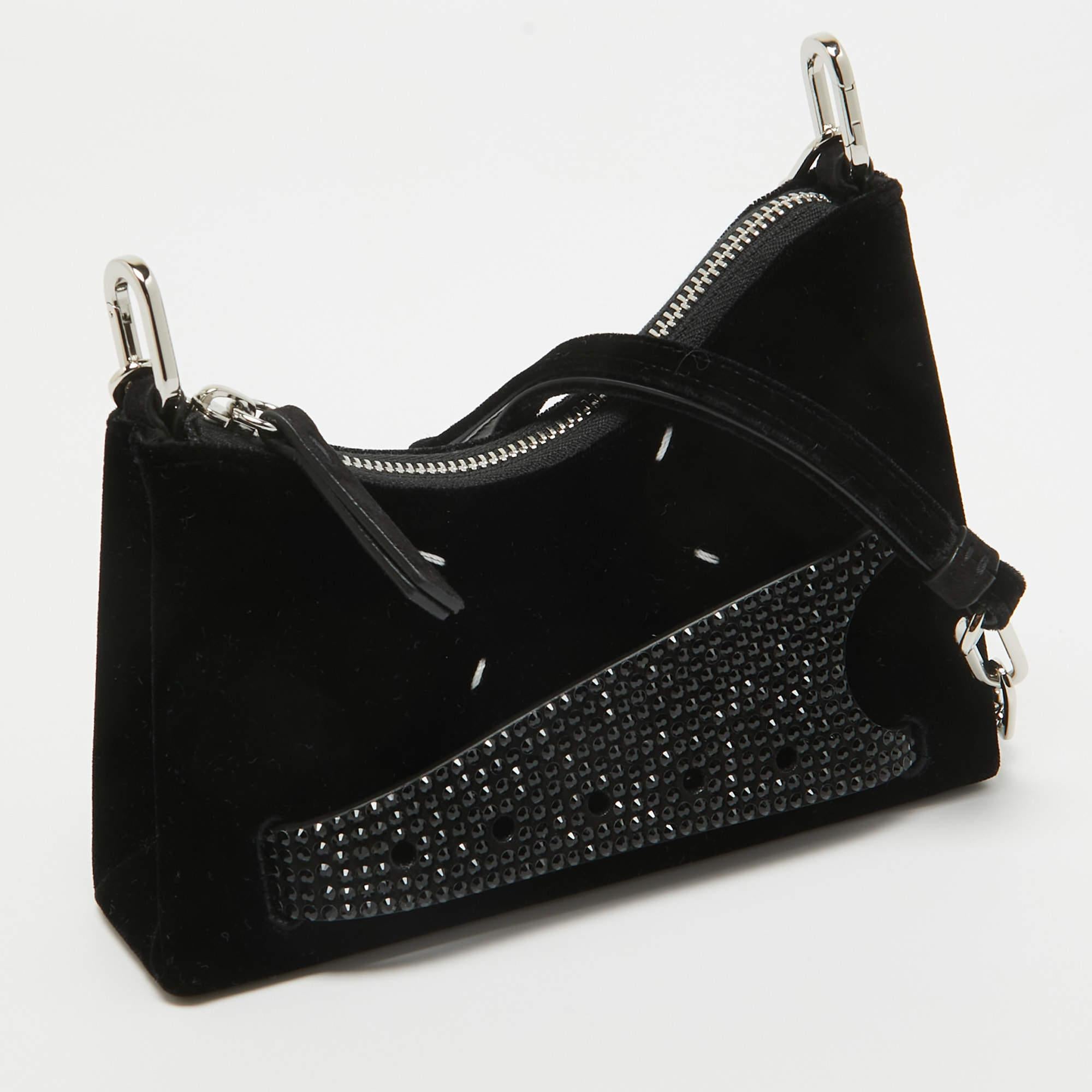 Maison Margiela Black Velvet Micro Embellished Snatched Hobo In New Condition For Sale In Dubai, Al Qouz 2