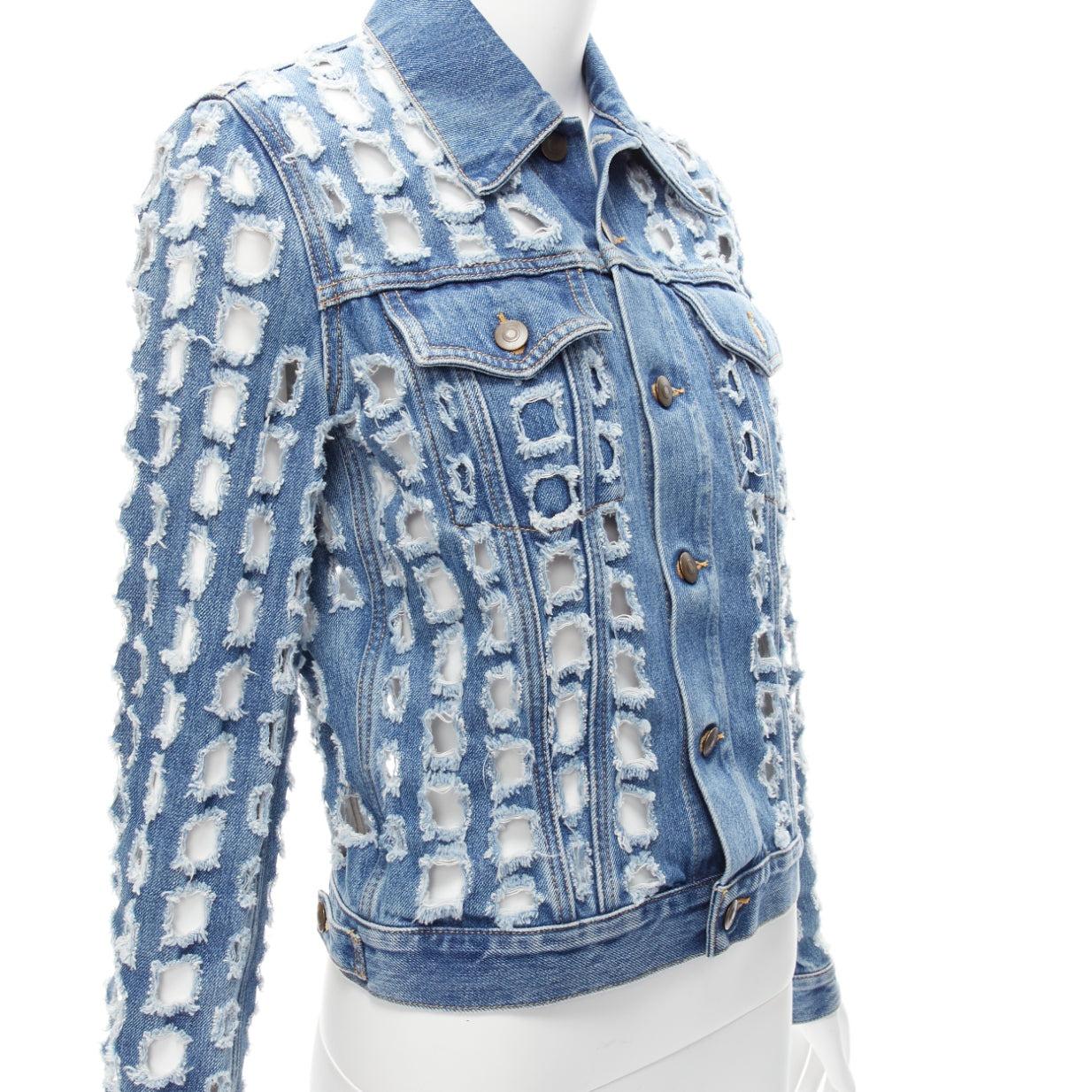 MAISON MARGIELA John Galliano blue Hole Punched distressed denim jacket
Reference: NKLL/A00013
Brand: Maison Margiela
Designer: John Galliano
Material: Denim
Color: Blue
Pattern: Solid
Closure: Button
Made in: Italy

CONDITION:
Condition: Excellent,