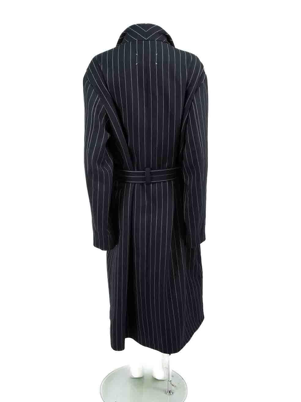 Maison Margiela Navy Wool Pinstriped Belted Coat Size XXL In Good Condition For Sale In London, GB
