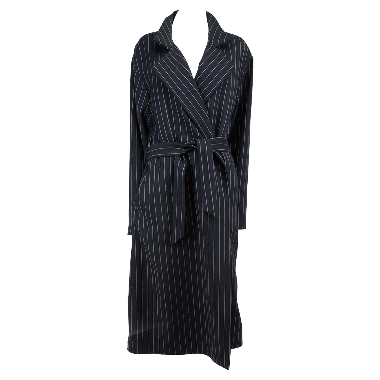 Maison Margiela Navy Wool Pinstriped Belted Coat Size XXL