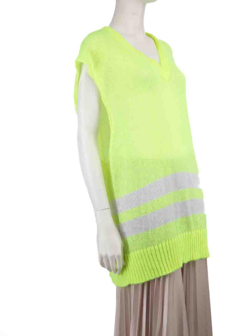 CONDITION is Very good. Minimal wear to jumper is evident. There is a small mark to the back neck on this used Maison Margiela designer resale item.
 
 Details
 Neon yellow
 Synthetic
 Knit vest
 White striped detail
 Oversized fit
 Sheer
 
 
 Made