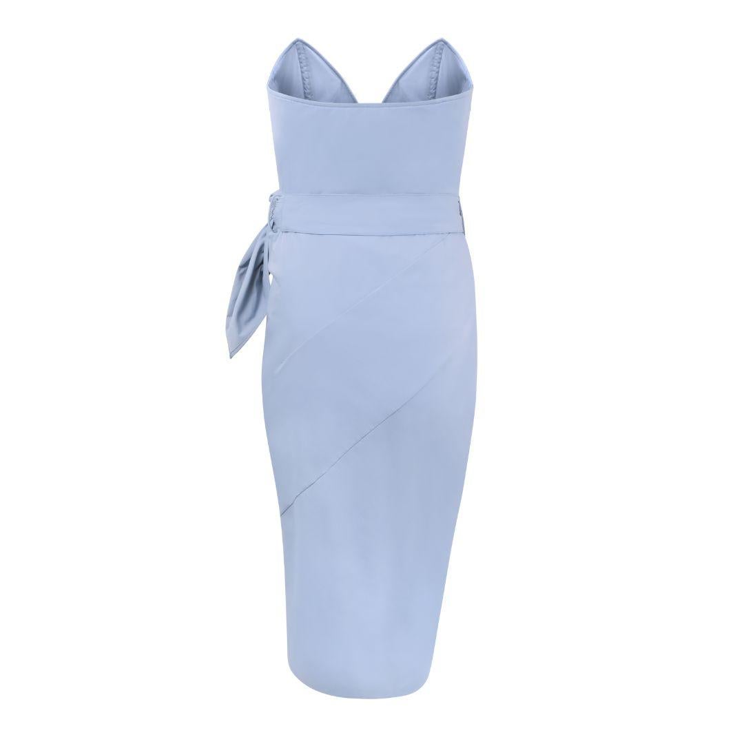 Asymmetrical powder blue Maison Margiela gathered wrap dress with plunging neckline.

Both sides of the dress feature ruching extending from the bodice to the lower hips, accentuating the natural curves of the body.

The plunging neckline is