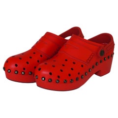 Used Maison Margiela Red Leather Platform Croc Clogs 39