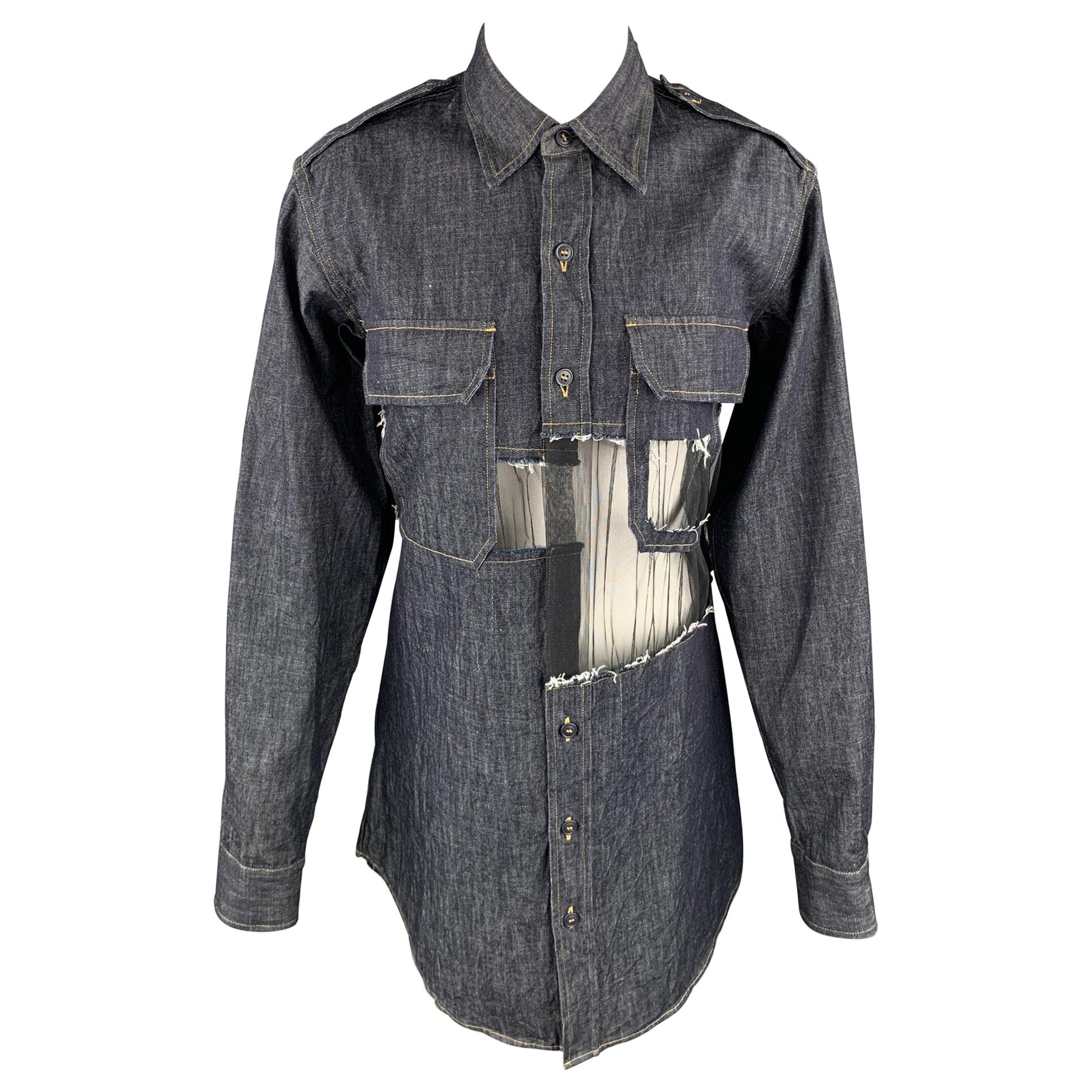 MAISON MARGIELA Size 0 Navy Denim Mesh Trim Oversized Shirt