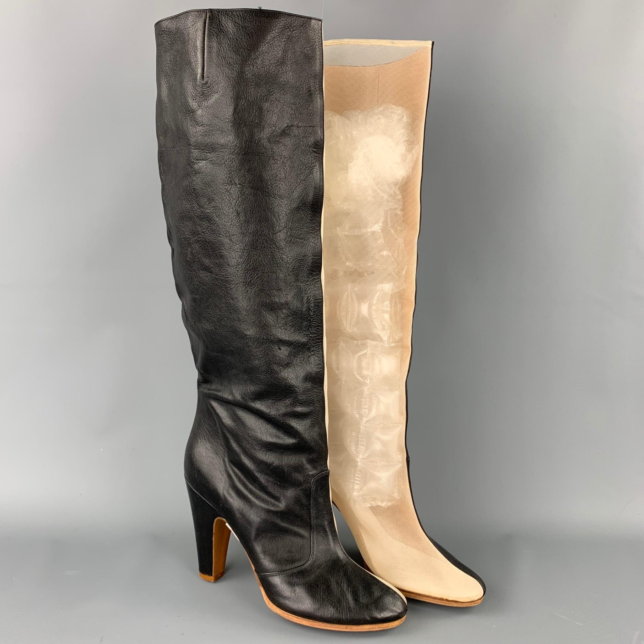 MAISON MARGIELA boots comes in a black leather with a beige mesh trim design featuring a knee high style, slip on, and a chunky heel. Moderate wear. Made in Italy.

Good Pre-Owned Condition.
Marked: EU 40

Measurements:

Length: 8 in.
Width: 3