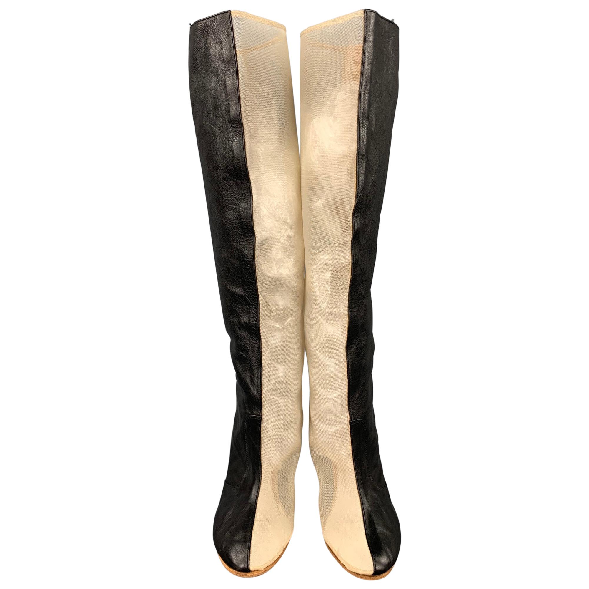 MAISON MARGIELA Size 10 Black & Beige Leather Mesh Knee High Boots