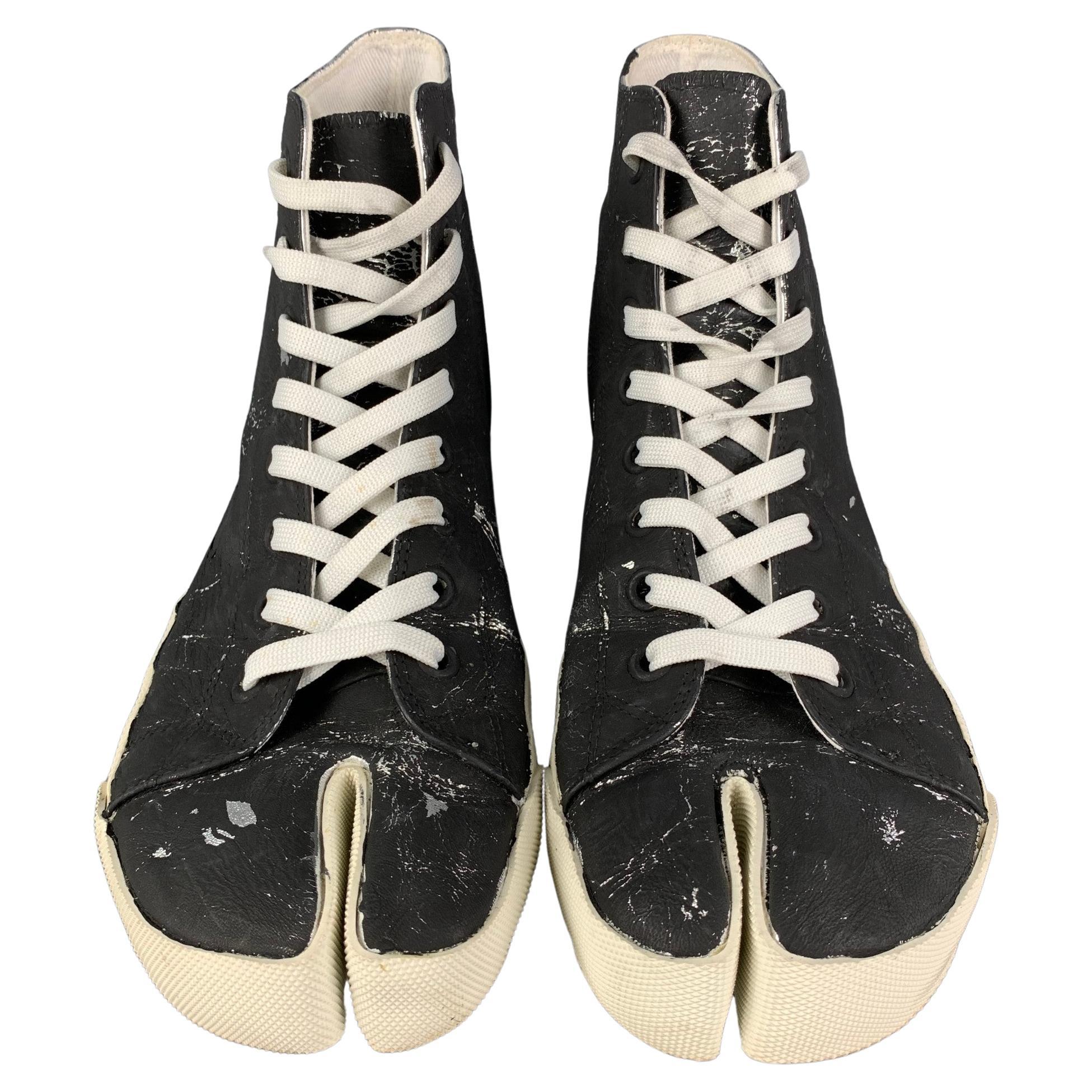 MAISON MARGIELA Size 10 Black Silver Painted Canvas High Top Tabi Trainers