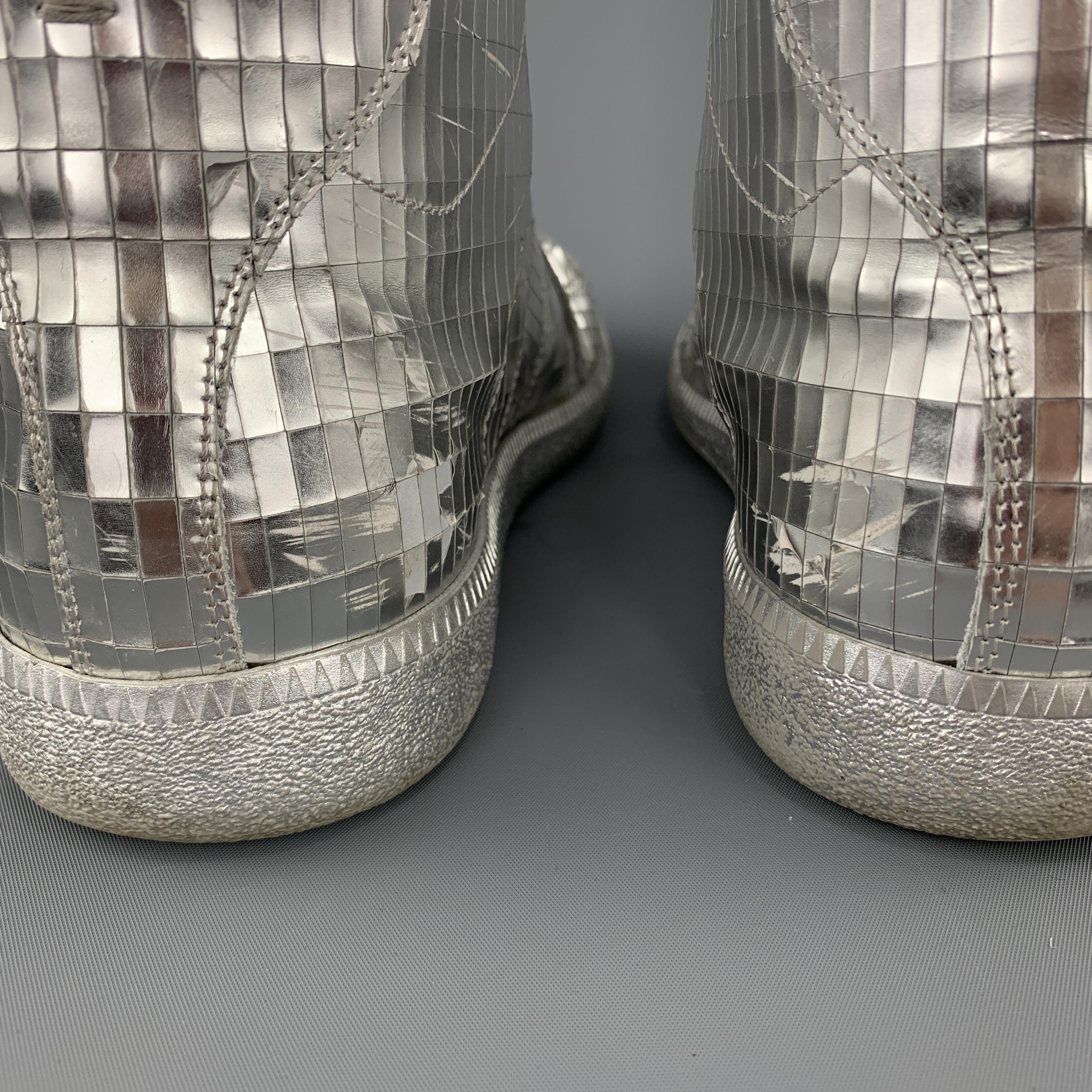 MAISON MARGIELA Size 10 Silver Metallic Leather Disco Ball High Top Sneakers 1