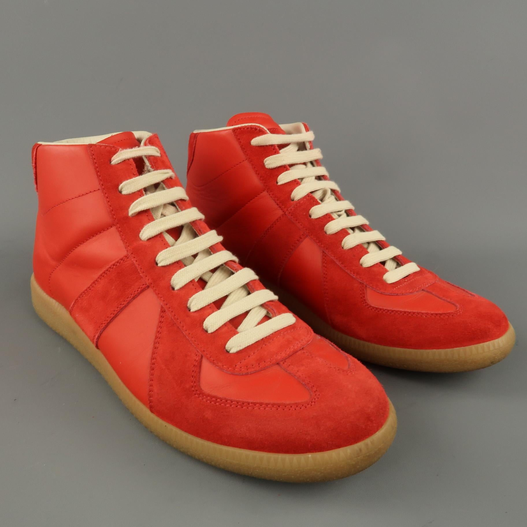MAISON MARTIN MARGIELA Replica high top sneakers come in red leather with suede details, lace up front, and beige gum sole. Made in Italy.
 
Excellent Pre-Owned Condition.
Marked: IT 43 1/2
 
Outsole: 12 x 4 in.