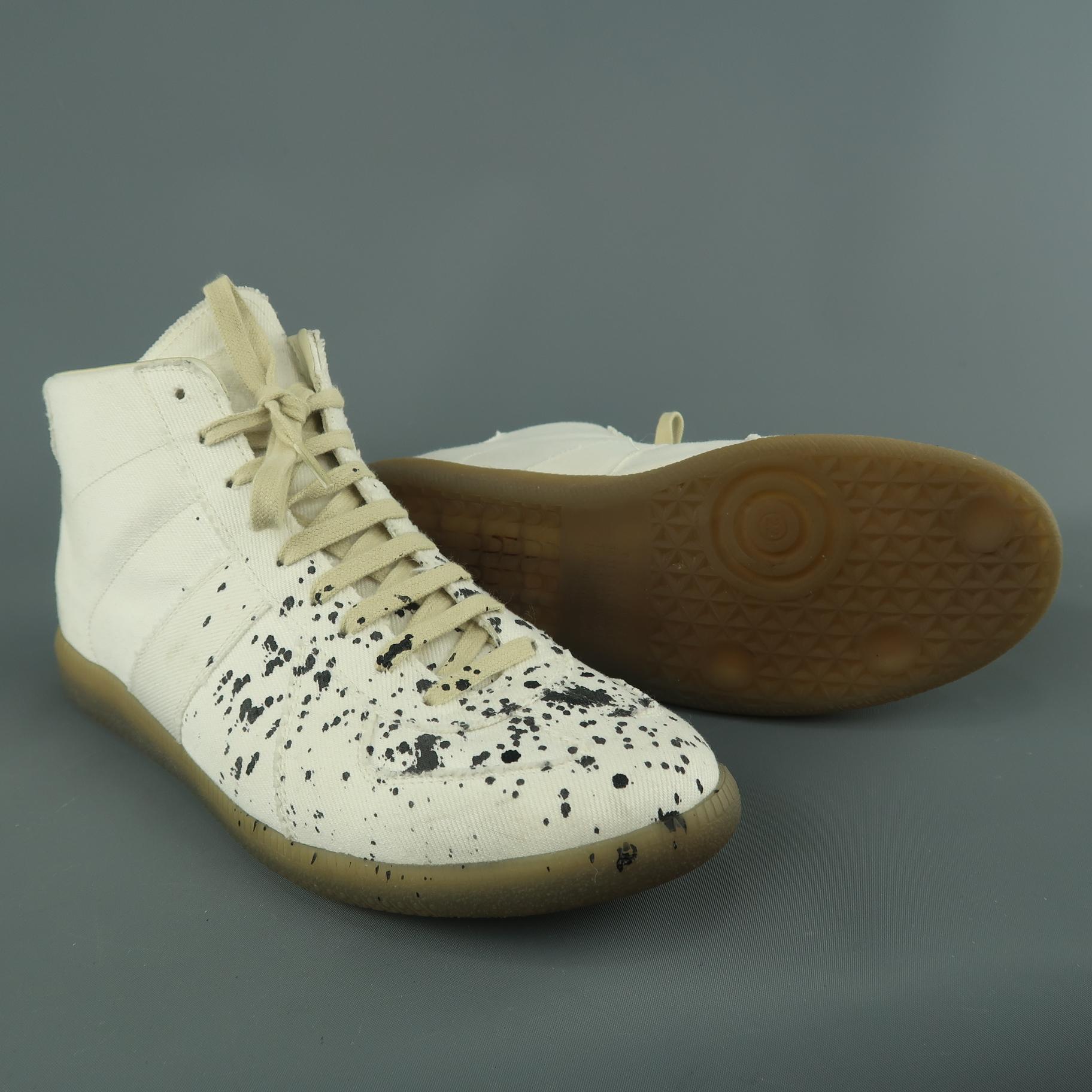 MAISON MARGIELA Size 11 White Ink Splattered Canvas High Top Trainer Sneakers In Good Condition In San Francisco, CA