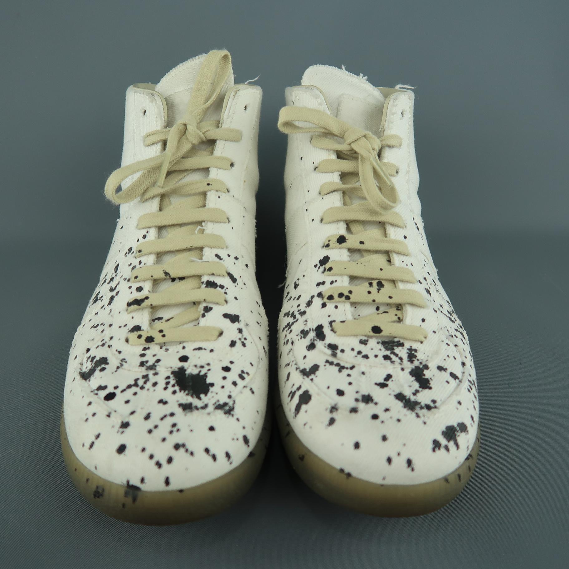 Men's MAISON MARGIELA Size 11 White Ink Splattered Canvas High Top Trainer Sneakers