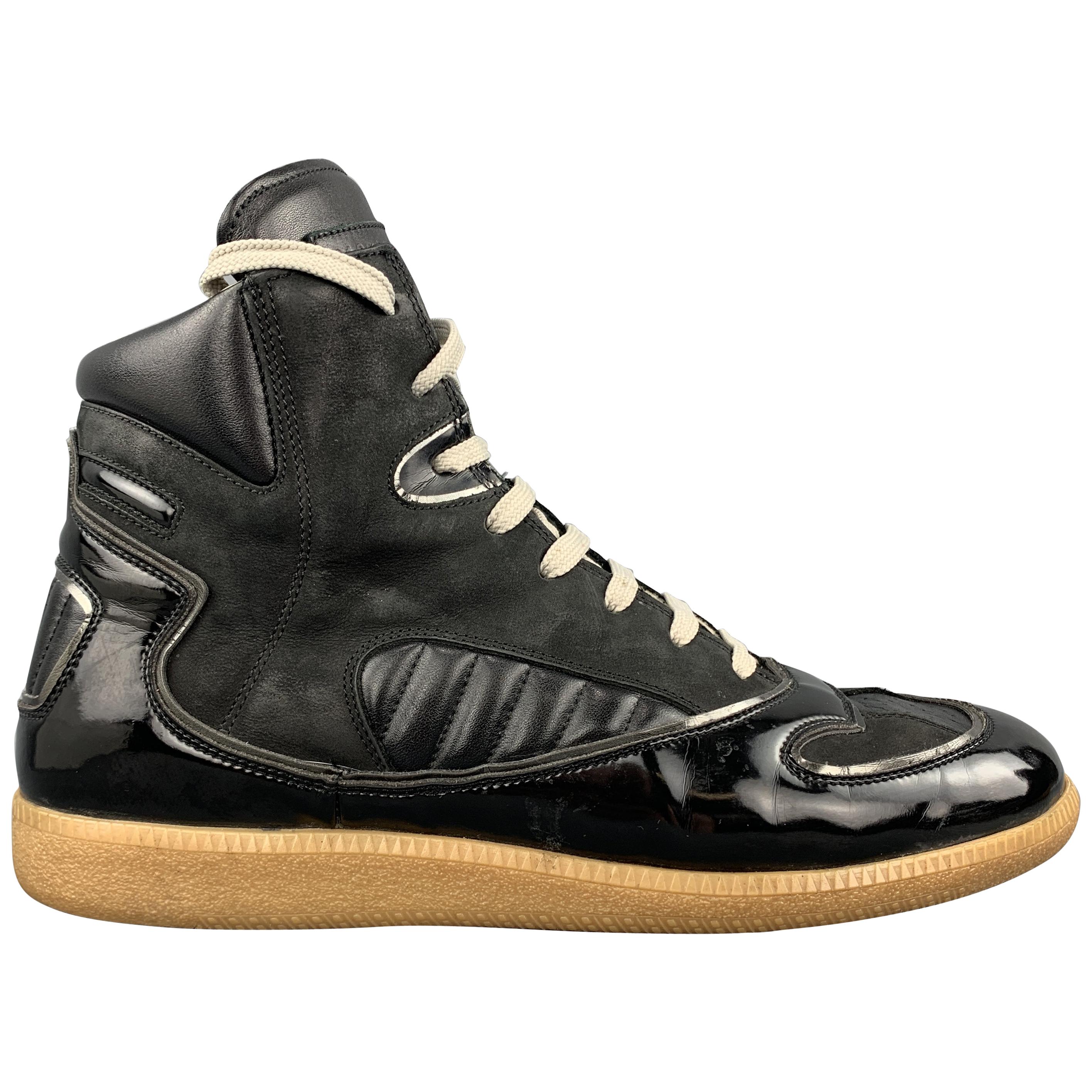 MAISON MARGIELA Size 9 Black Patent Leather High Top Replica Gum Sole Sneakers