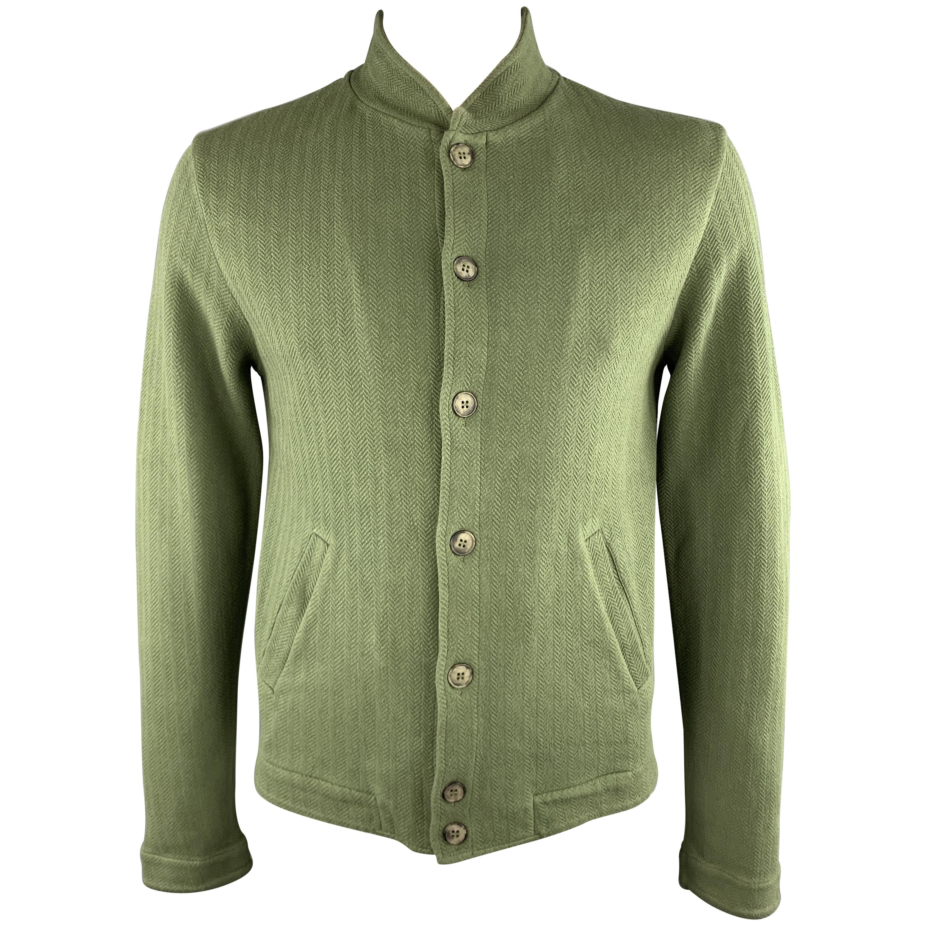 MAISON MARGIELA Size L Green Herringbone Cotton Nehru Collar Button Up Jacket
