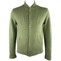 MAISON MARGIELA Size L Green Herringbone Cotton Nehru Collar Button Up Jacket