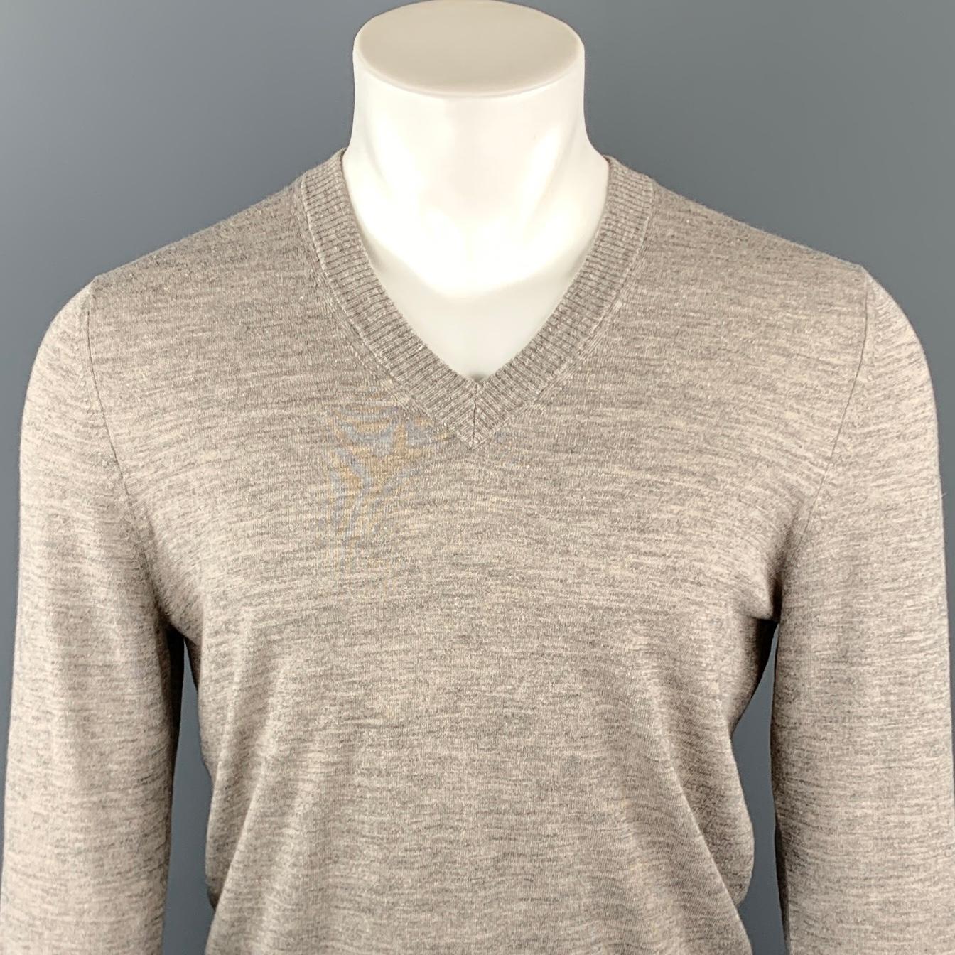 MAISON MARGIELA pullover sweater comes in a gray solid cotton blend featuring a ribbed v-neck and leather elbow patch details. Made in Romania.

Excellent Pre-Owned Condition.
Marked: ( No Size Marked )

Measurements:

Shoulder: 16 in. 
Chest: 38