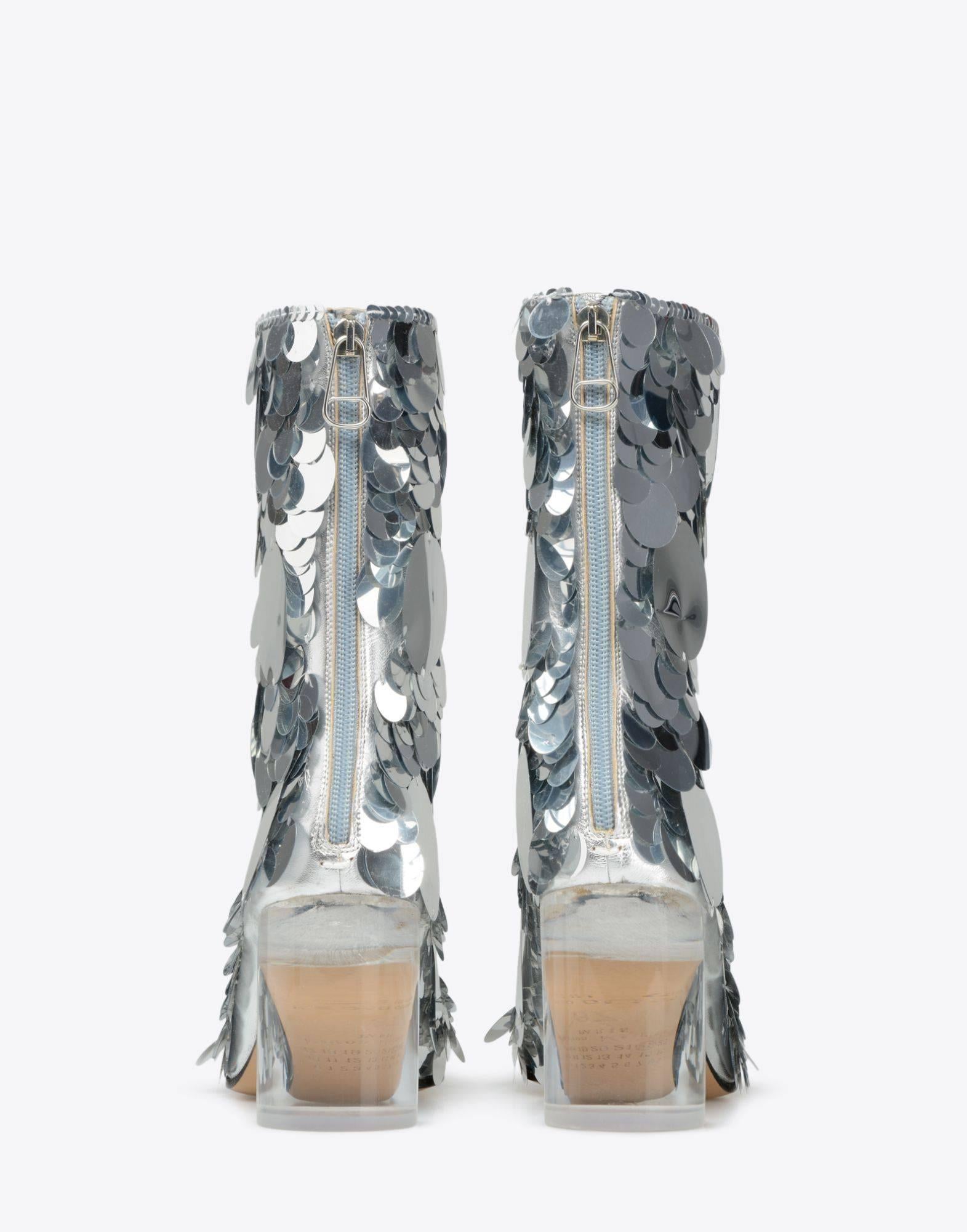 Maison Margiela Silver Metallic Paillette Leather Ankle Boots, SS17  In New Condition In Toronto, ON