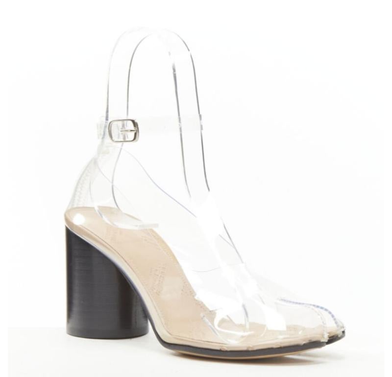 MAISON MARGIELA Tabi PVC transparent clear ankle strap cone heel pump EU36
Reference: TGAS/C00634
Brand: Maison Margiela
Designer: John Galliano
Model: Tabi
Material: Plastic
Color: Black
Pattern: Solid
Closure: Ankle Strap
Lining:  Leather
Extra
