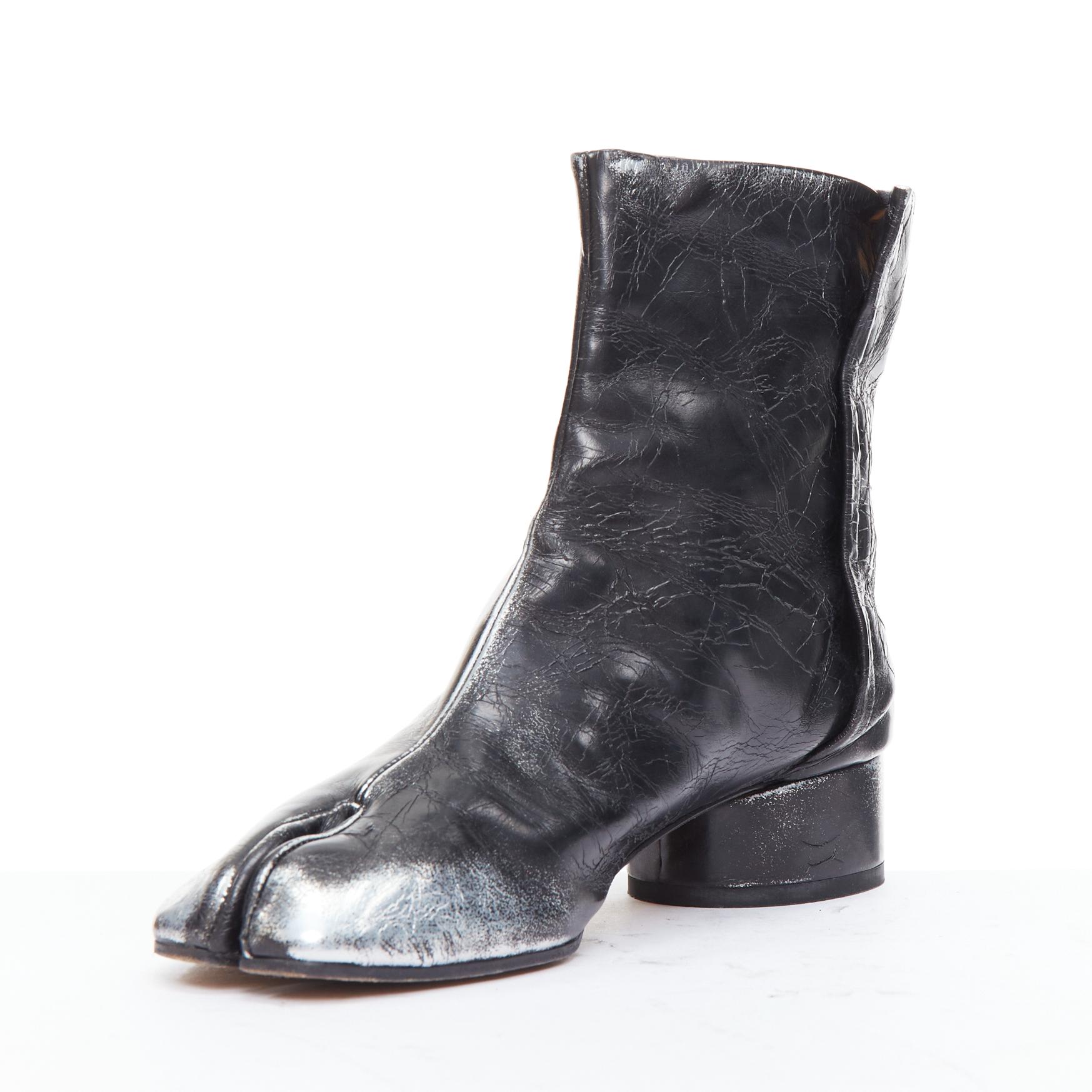 Women's MAISON MARGIELA Tabi silver painted black distressed ankle boots EU38