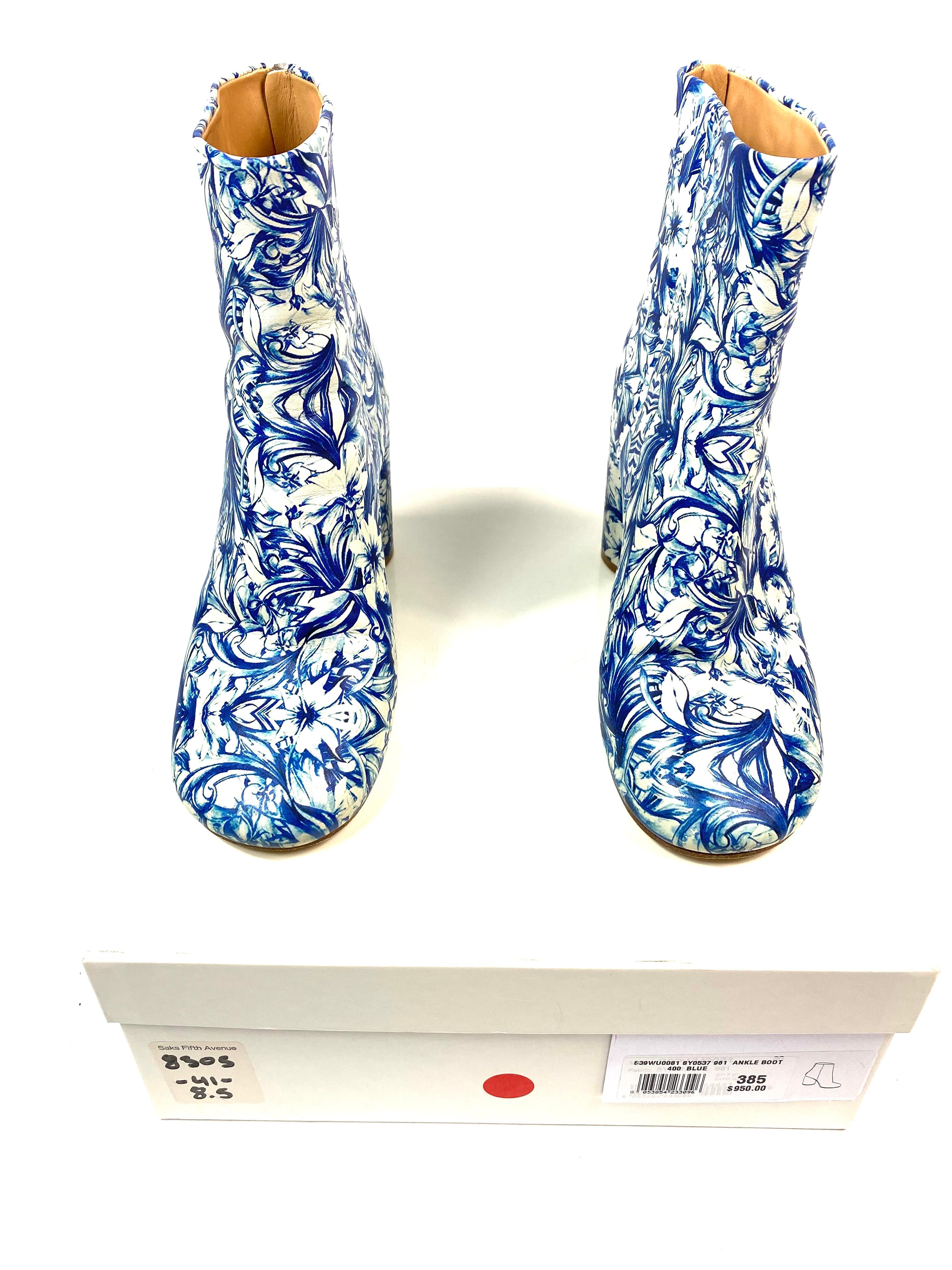 Women's MAISON MARGIELA White and Blue Floral Print Leather Block Heel Booties SIZE 38.5