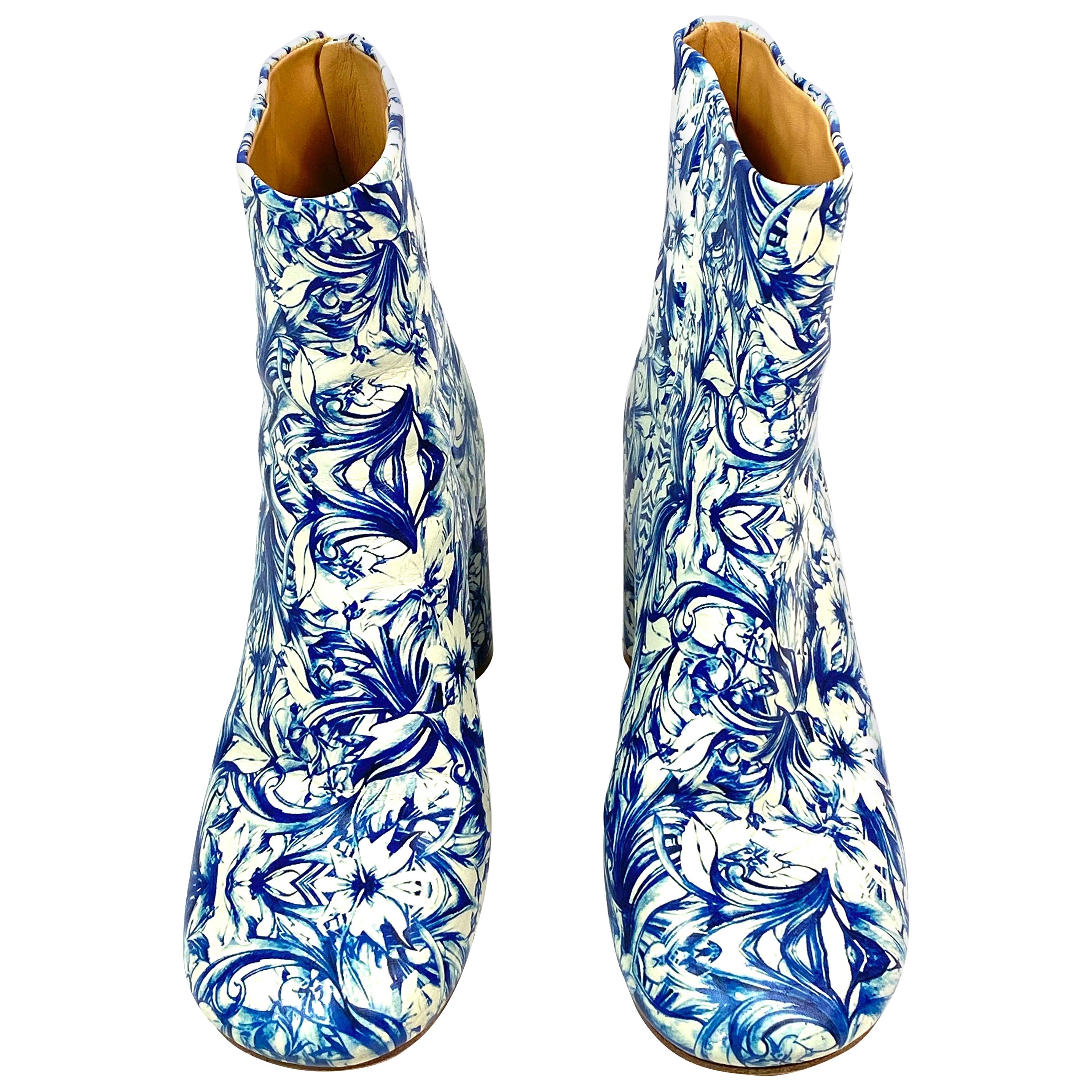 MAISON MARGIELA White and Blue Floral Print Leather Block Heel Booties SIZE 38.5
