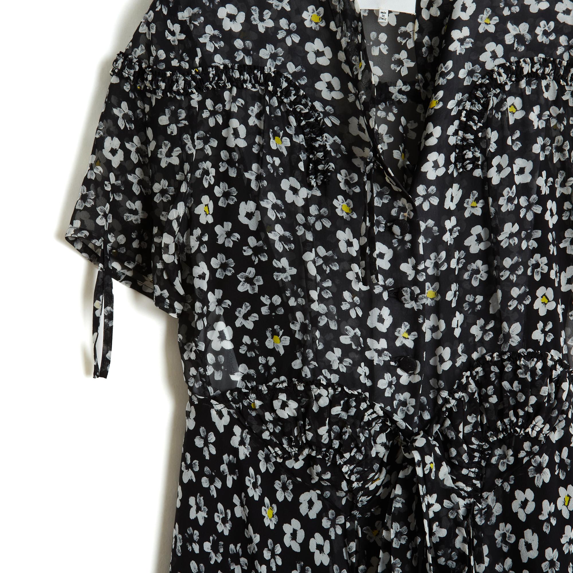 Maison Martin Margiela dress SS2015 collection (by Martin Margiela) in light black silk crepe with flower print in shades of white and yellow, round neck closed by 4 fabric-covered buttons and 5 invisible snaps along the entire height, small gathers